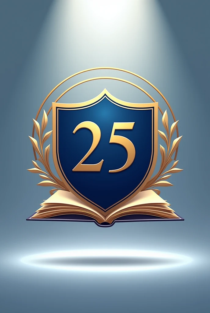 I would like a logo with the school&#39;s shield as the central element surrounded by a circle that represents unity and the educational community at the top, an open book symbolizing knowledge at the bottom, the number 25 in an elegant typography. The predominant colors would be navy blue for the shield and gold to highlight the anniversary. The background could be white or a soft gradient from blue to white to give the feeling of spaciousness.