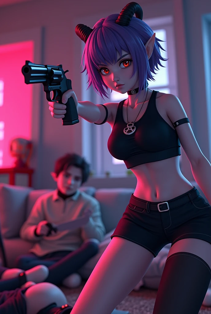 create a roblox masterpiece gfx, colorful and striking of a vermeil style girl but with white skin, with small ram horns, short purple hair, Red eyes, Elf&#39;s ears, an all black top and black shorts with stockings. serious expression, doubt, place the game of murder mystery 2 trying to aim at the murderer with a revolver and avoiding being stabbed with a knife by the murderer who is the other player, inside a house with other players lying on the floor
