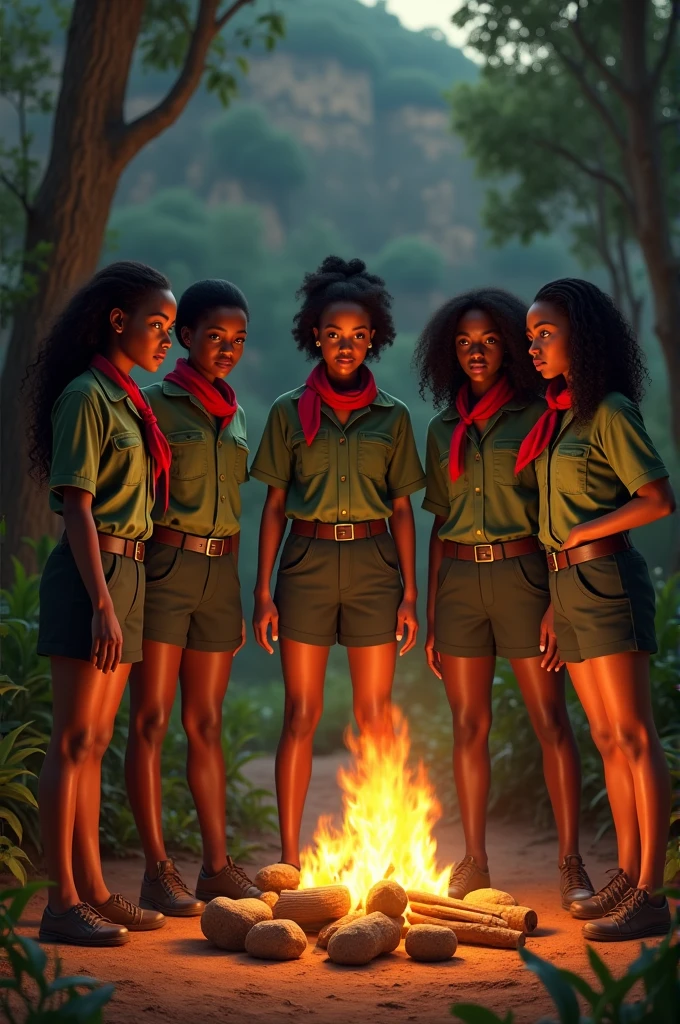 Filles africaines scouts réalistes en chemise treillis vert, short noir et foulard rouge faisant un feu de camp