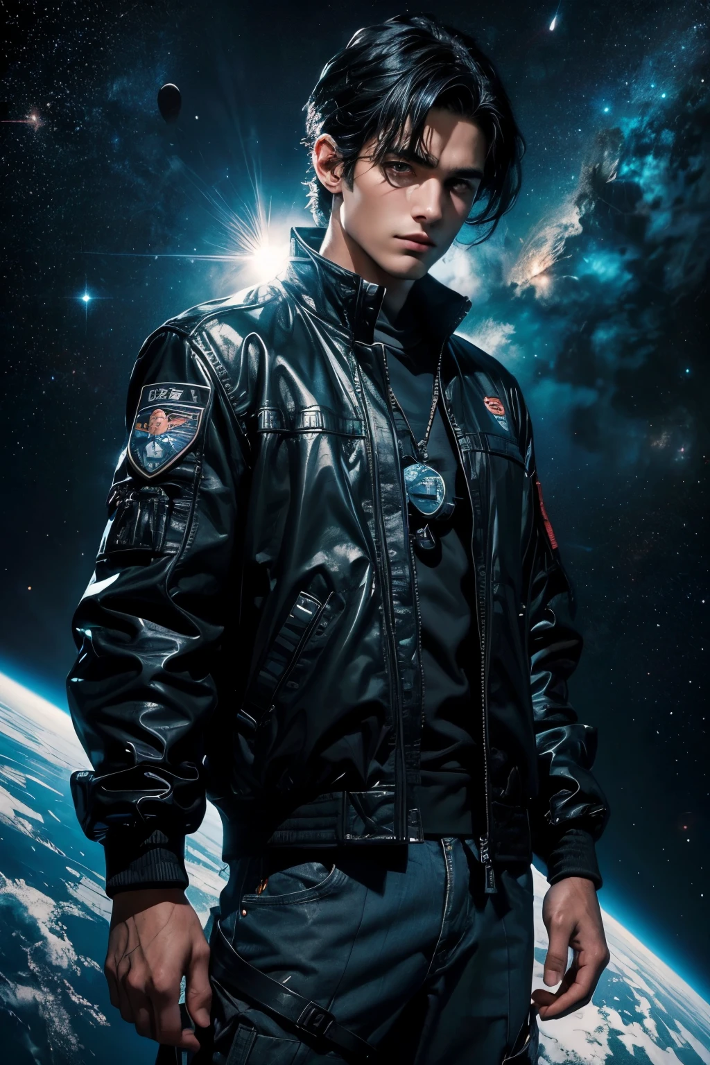 Outer space exists behind the man. beautiful man. 23 years old. Black hair. The man is wearing a jacket. The man is looking at the camera with a serious expression. Behind the man, a large space battleship can be seen sailing through space.