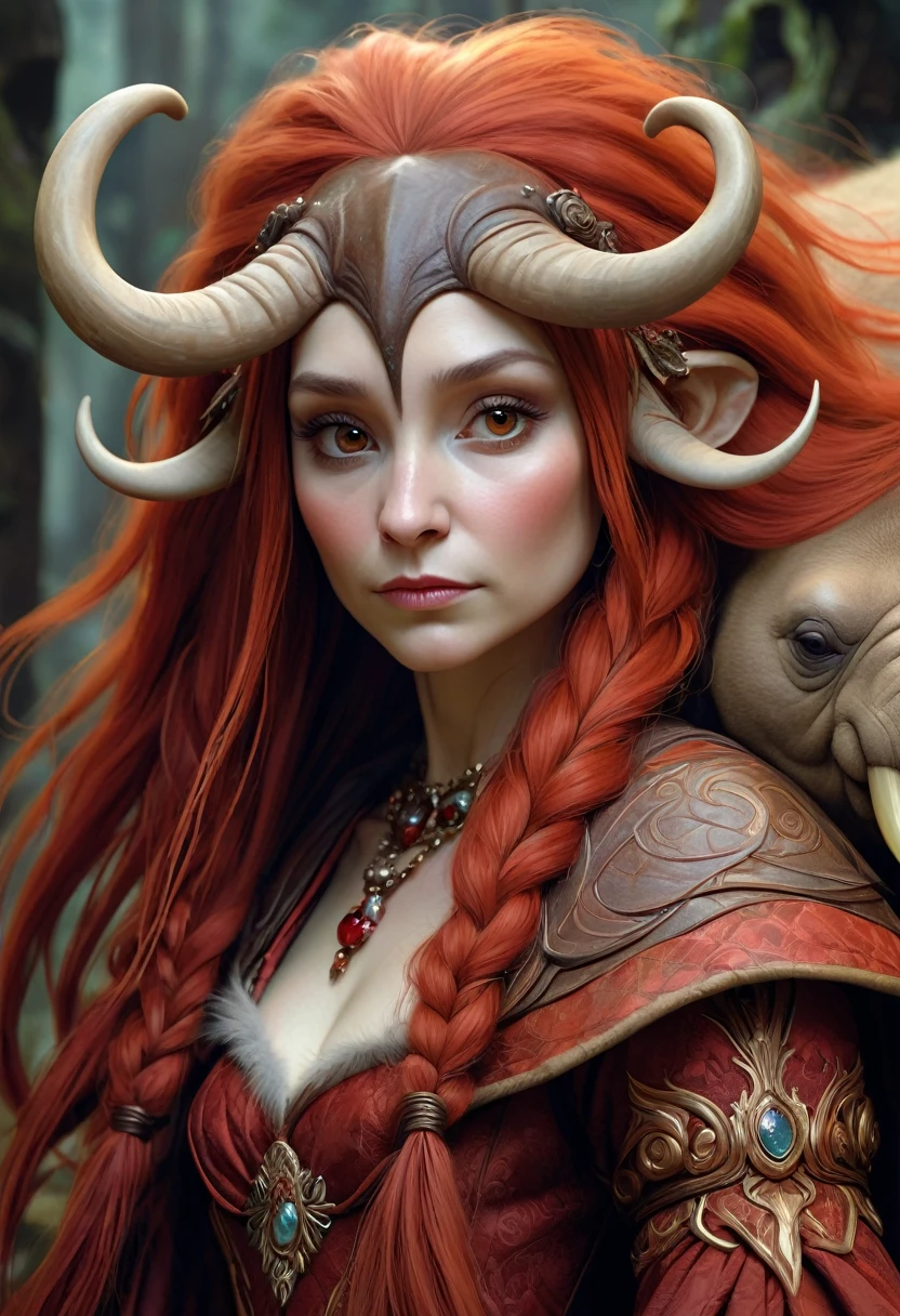 Brian Froud Inspired Beautiful Humanoid Creature. Cross Between A Wholly Mammoth And A walrus. Copper Red Fur. Female. Friendly And Inviting Looking. Exudes Good And Kindness. Wearing A 1920 Dress. Official Art, Award Winning Digital Painting, Digital Illustration, Extreme Detail, 4k, Ultra Hd, Rococo, Polished, Intricate, Realistic Fantasy Art, Sharp Focus, Concept Art, Art By Wlop, Artgerm, (2d Vector Illustration)