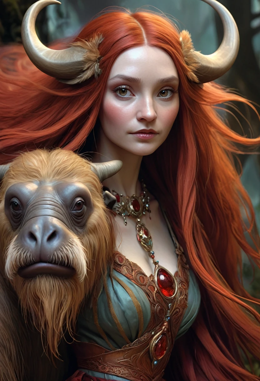 Brian Froud Inspired Beautiful Humanoid Creature. Cross Between A Wholly Mammoth And A walrus. Copper Red Fur. Female. Friendly And Inviting Looking. Exudes Good And Kindness. Wearing A 1920 Dress. Official Art, Award Winning Digital Painting, Digital Illustration, Extreme Detail, 4k, Ultra Hd, Rococo, Polished, Intricate, Realistic Fantasy Art, Sharp Focus, Concept Art, Art By Wlop, Artgerm, (2d Vector Illustration)
