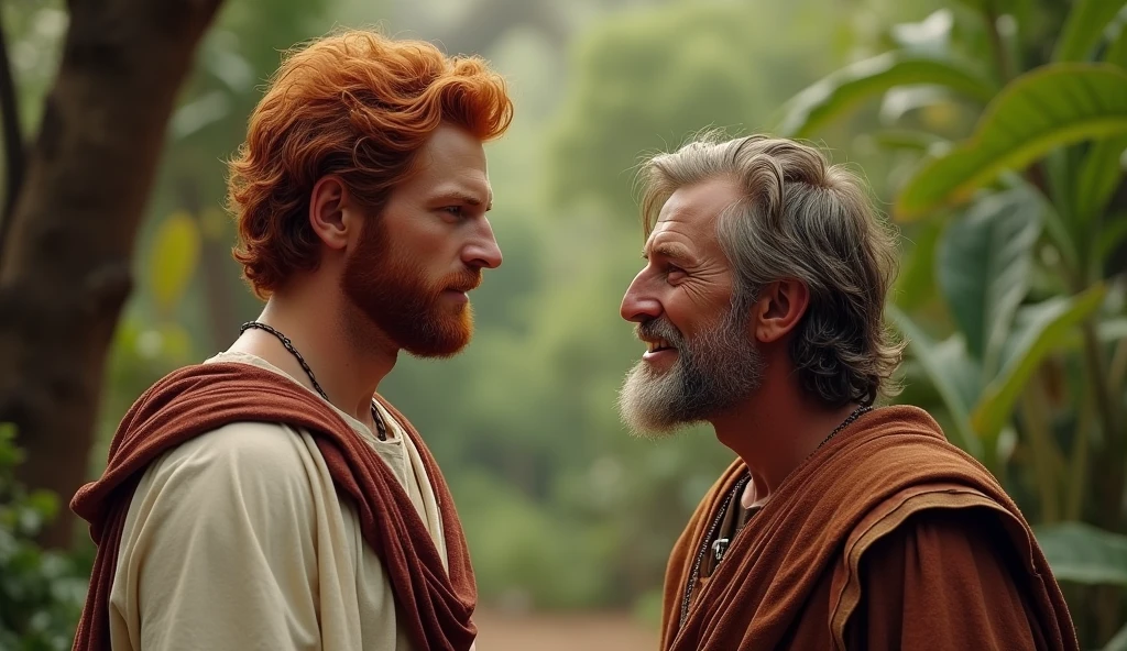 (best quality: 1.4), (Ultra Highres: 1.2), (photorealistic: 1.4), (8k, RAW photo: 1.2). The description of King David's physical appearance is not detailed in the biblical narrative, but her origin suggests that she probably had similar characteristics to other people in the region. He has good-looking red hair and a beard. Without historical-cultural context, the story of man with the appearance of a King, is in a friendly encounter with a rustic Samaritan man with a rustic appearance