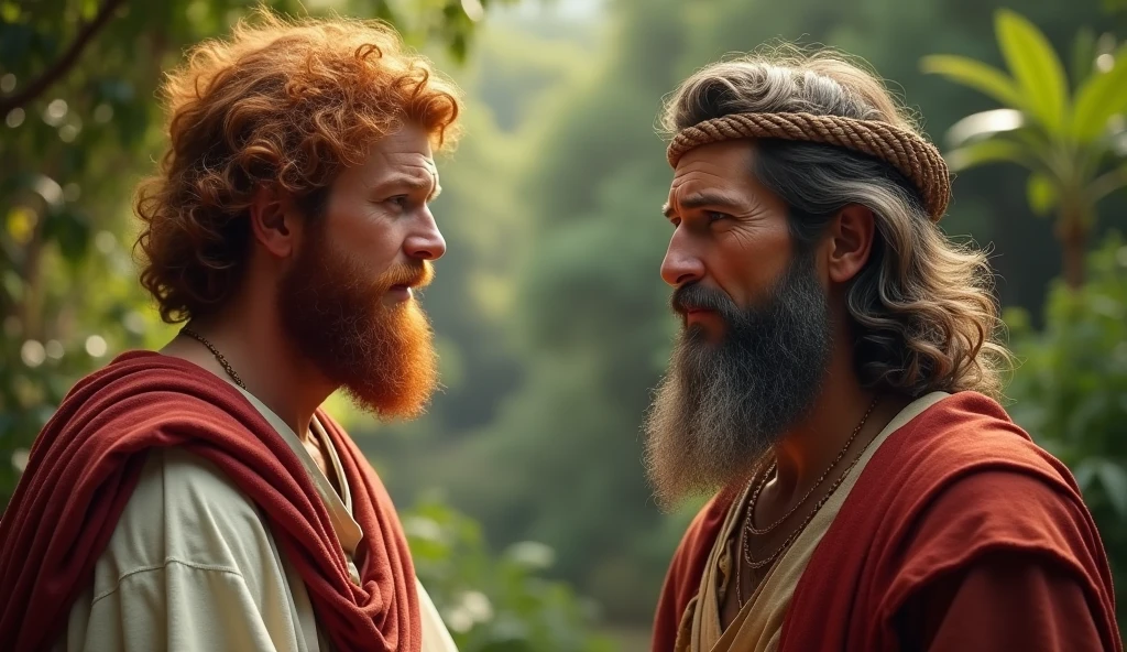 (best quality: 1.4), (Ultra Highres: 1.2), (photorealistic: 1.4), (8k, RAW photo: 1.2). The description of King David's physical appearance is not detailed in the biblical narrative, but her origin suggests that she probably had similar characteristics to other people in the region. He has good-looking red hair and a beard. Without historical-cultural context, the story of man with the appearance of a King, is in a friendly encounter with a rustic Samaritan man with a rustic appearance