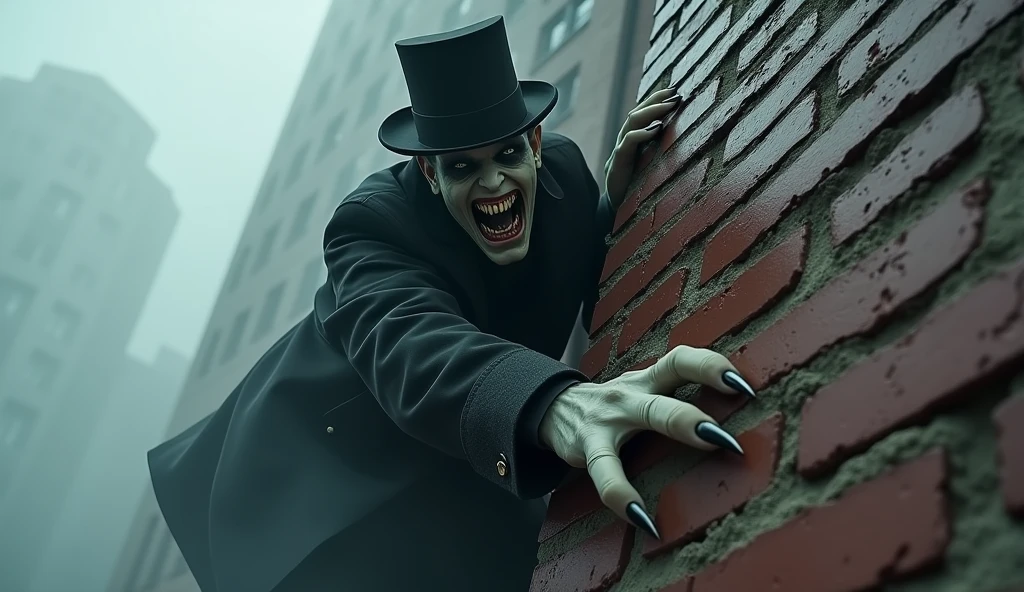 Photo realistic still of a man in a top hat and a long coat, climbing the corner side of a building. He is covered in smoke, eyes are dark, his skin pale. He has a large smile, with fanged teeth, with a yellowish hue to them. His hands, piercing the brick side of the building, are claw-like.
