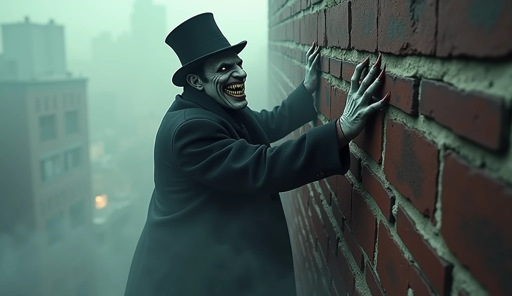 Photo realistic still of a man in a top hat and a long coat, climbing the corner side of a building. He is covered in smoke, eyes are dark, his skin pale. He has a large smile, with fanged teeth, with a yellowish hue to them. His hands, piercing the brick side of the building, are claw-like.