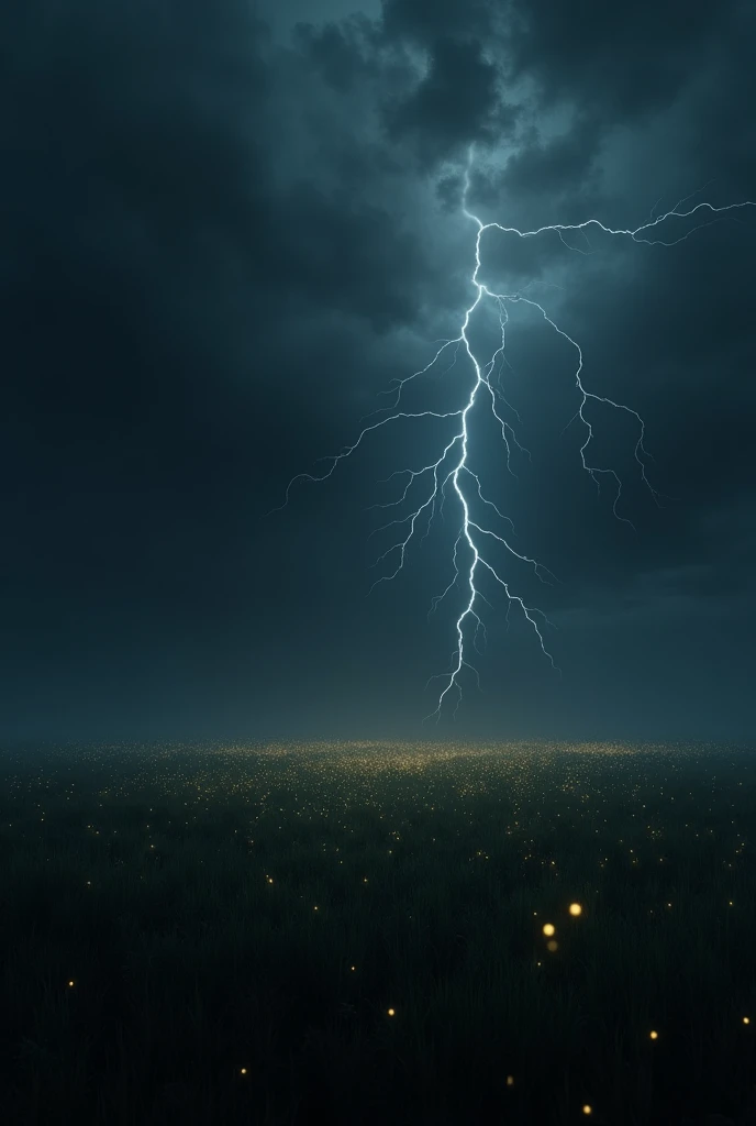 "A dark open field with a few glowing fireflies scattered around. The sky has flashes of lightning, the environment was darkness, creating a terrifying atmosphere. The image should be horizontal."
