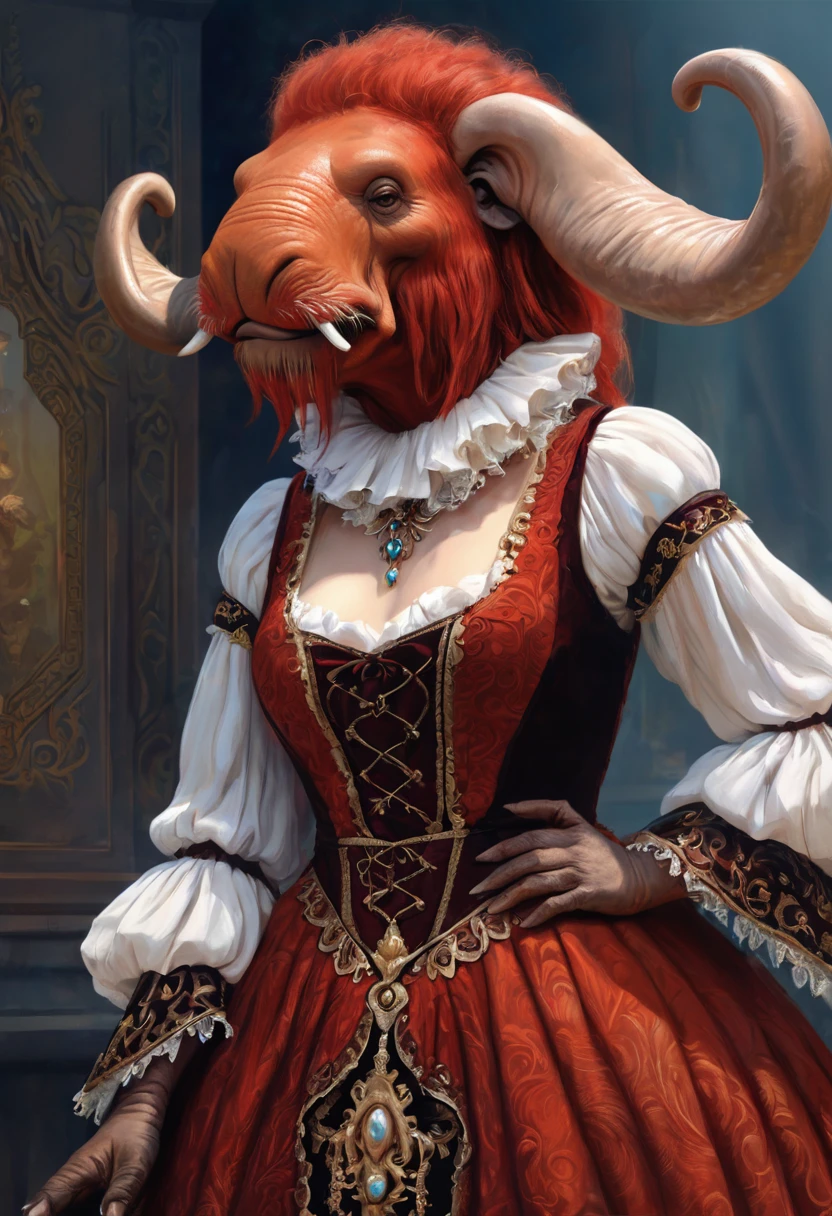 Brian Froud Inspired Beautiful Humanoid Creature. Cross Between A Wholly Mammoth And A walrus. Copper Red Fur. Female. Friendly And Inviting Looking. Exudes Good And Kindness. Wearing A 1920 Dress. Official Art, Award Winning Digital Painting, Digital Illustration, Extreme Detail, 4k, Ultra Hd, Rococo, Polished, Intricate, Realistic Fantasy Art, Sharp Focus, Concept Art, Art By Wlop, Artgerm, (2d Vector Illustration)