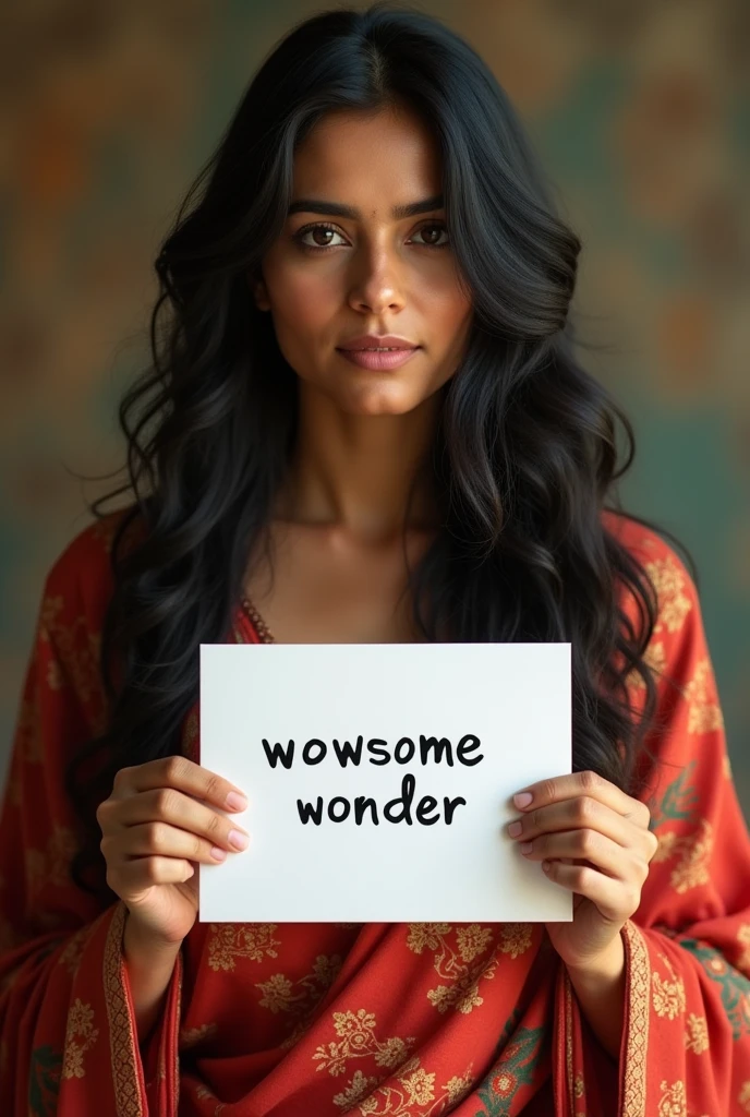 Beautiful 35 year old married north indian girl with black long hair, bohemian dress, holding a white board with text "wowsomewonder" and showing it to the viewer