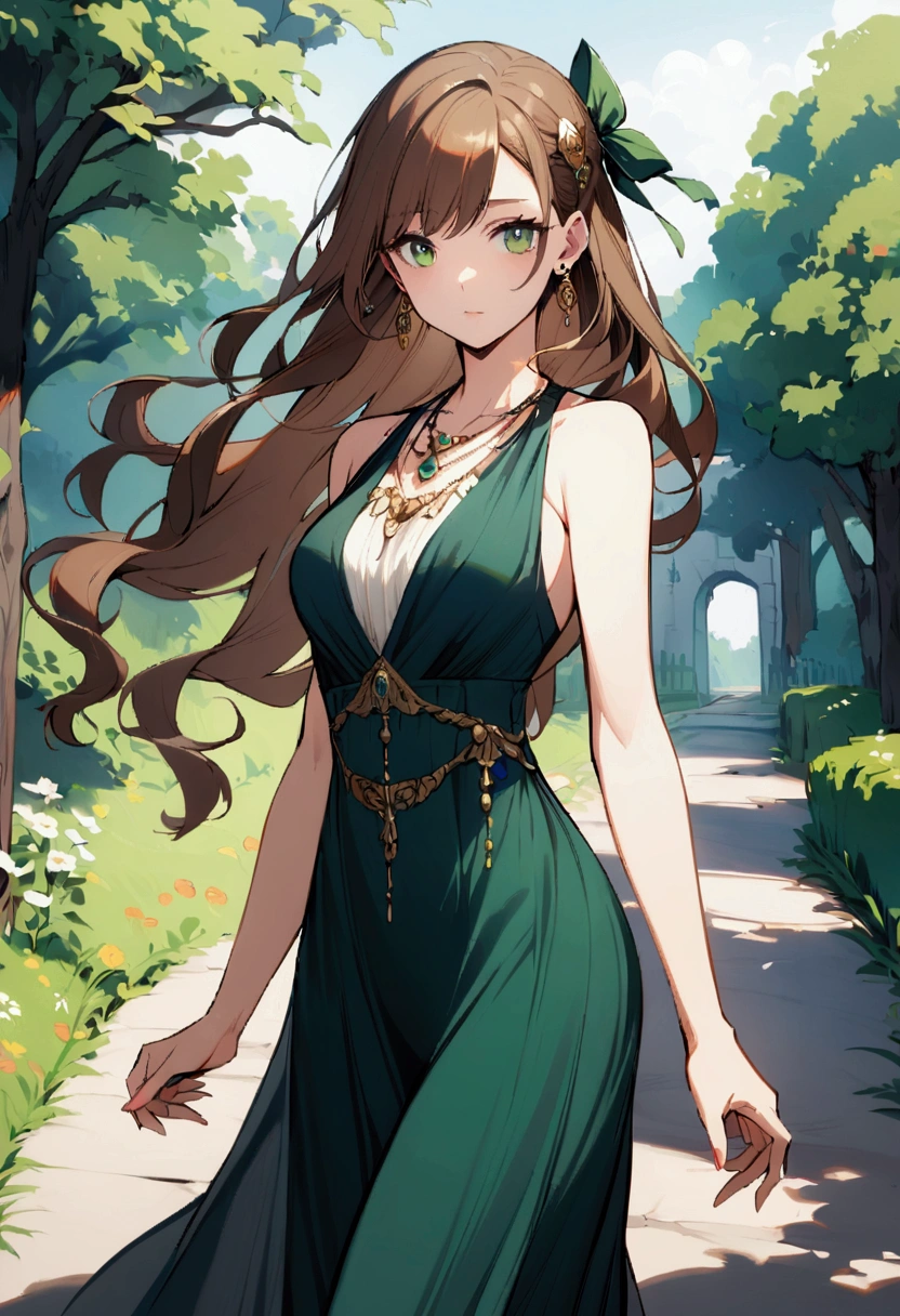 slender, mature female,1girl, rating:safe, jewelry, solo, long_hair, dress, brown_hair, necklace, earrings, green_eyes, breasts, bare_shoulders, sleeveless, outdoors, looking_at_viewer, wavy_hair, closed_mouth, hair_ornament, sleeveless_dress,day, standing, small_breasts, medium_breasts, hair_ribbon, cowboy_shot, blue_eyes