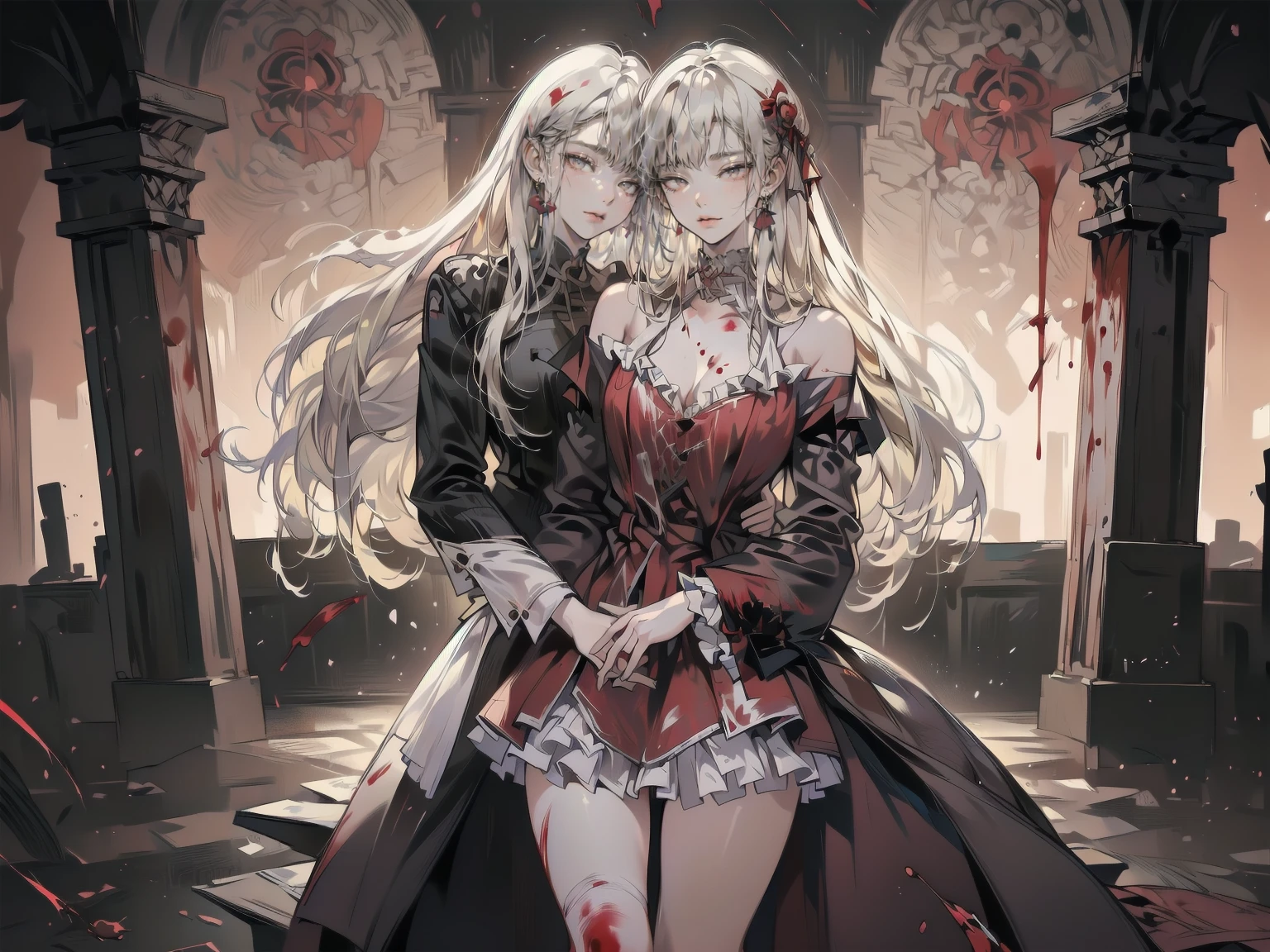 .(Highest quality,4K,High resolution,masterpiece:1.2),Very detailed,Realistic:1.37,Spooky altar background,Dark fantasy,Red color scheme,Ominous atmosphere,Eye-catching,Storytelling,anatomy,Anime Style,Concept Art,beautiful細部までこだわった顔と (((Red eyes ))),A terrifying ritual ,Satanic Ritual,Premature death,inappropriate behavior,クレイジーなsmile,Scythe Face,Girl Monster, beautiful, Delicate facial features, Sharp Eye, Sharp Fangs, pale skin, Thick chain, Dark Background, Cinema Lighting, Dramatic Shadows, Gothic style, Gloomy atmosphere, Dark fantasy, One Girl, Please open your mouth wide, Open your mouth and baring your teeth,Sharp teeth like a beast, Wide lips, very wide mouth, Vermilion cheeks, ,(Blood splatter:1.4),Scary smile, smile,Angel Design, Twisted smile、Bloody、bleeding from the head,,,,,、Blood splatter、,(Blood splatter:1.4),skull,Horrorスタイル, ((Fantasy Sweet Ta Frill Pink Costume)), ((Flowing blonde hair)), ,(Blood splatter:1.4),Female curves, Sexy flat stomach, Perfect hands, Perfect anime face, (Pink Tata Dress)), Are standing, ((邪悪なsmile)), ,(Blood splatter:1.4), Steam circulates, Moonlight Illumination, night lighting, (Blood splatter:1.6),アニメAngel Design, Twisted smile、Bloody、bleeding from the head,,,,,、Blood splatter、,(Blood splatter:1.4), skull,Gothic architecture、Western architecture、Fantasy World、,Victorian cities, Skeleton Gas Light,Absurd, High resolution、 ((Tabletop)), ((Highest quality)), (Very detailedな), ((Very detailed)), (beautiful), ((pretty girl)), (NFSW:1.8), alone,(10 years old:1.6)、(world&#39;The most terrifying and creepy demon 女の子:1.5)beautiful face、Whole Body Ezbian、pale, beautiful肌、beautiful金の髪、Smiling Kindly、Dark building ruins、(snow white&#39;Frill dress:1.3)、(The dark ruins are stained with blood:1.3)、Low angle full body shot、(少女は血の海の中にAre standing:1.5)、(The ground is full of blood:1.3)、(The  lost a lot of blood...:1.3)、(クレイジーなsmile:1.6)、Spirits、(Blood dripping from the mouth:1.3)、Neo-goth style, Wearing a black dress and a white collar, Wearing a black hat、wearing heavy makeup, Standing in a mystical garden surrounded by vines. The garden is full of deep purple flowers.、背景のGothic architecture。. &#39;The hair is golden、、A red rose is pinned to the side。. Her eyes are sharp、It&#39;Like being stabbed., Thick black eyeliner and long lashes. 彼女は顔色がpale.、Her lips are bright red.. The atmosphere is gloomy and eerie, with dim lighting casting long shadows. This piece combines digital illustration and photography..., outcome、驚くほどHigh resolutionの画像が生まれました. Most of the colors are dark、I&#39;Calm, Deep reds and purples create a dark beauty.. The style is neo-Gothic., Horror, Portrait Photography, Create unique and compelling visual experiences.Dark Imagery
