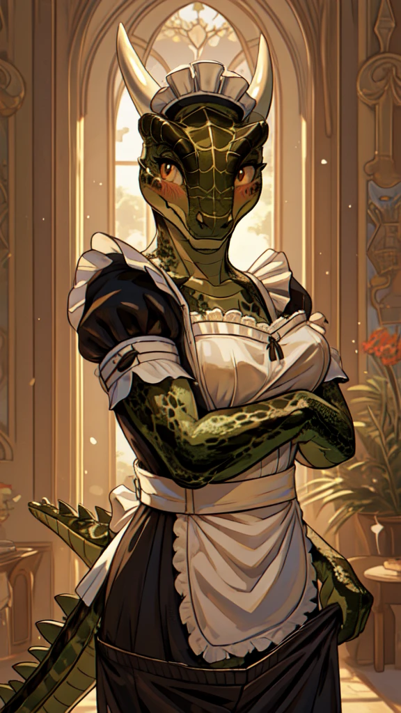 anime, hdr, soft light, ((best quality)), ((masterpiece)), (detailed), lustyargonian, maid, colored skin, green skin, maid headdress, tail, horns, (scales:1.2), (snout, animal nose:1.1), blush, embarrassed, (looking at viewer:1.1), cowboy shot,  (sexy undressing pose:1.5), mansion, (nsfw:0.35)