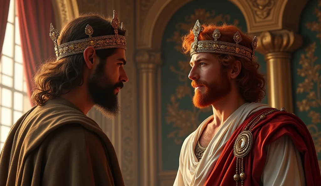 (best quality: 1.4), (Ultra Highres: 1.2), (photorealistic: 1.4), (8k, RAW photo: 1.2). The description of King David's physical appearance is not detailed in the biblical narrative, but her origin suggests that she probably had similar characteristics to other people in the region. He has good-looking red hair and a beard. Without historical-cultural context, the story of man with the appearance of a King, he wears a crown and king's clothes, is in a friendly meeting with a rustic-looking Samaritan man in his palace