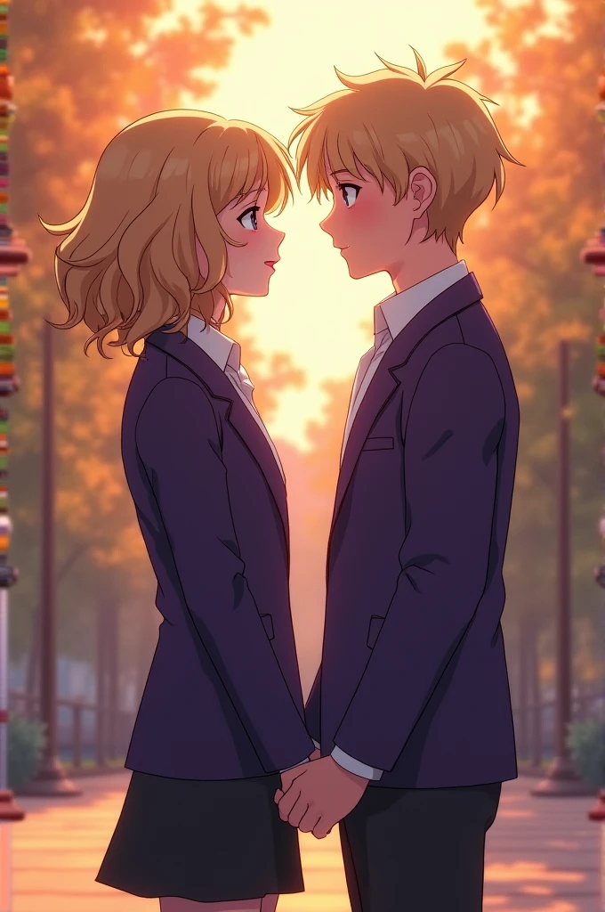She is 1.56 tall, wearing a purple school uniform and black loose trousers, her hair is blond and curly, and she looks at her boyfriend with a sweet smile. 
