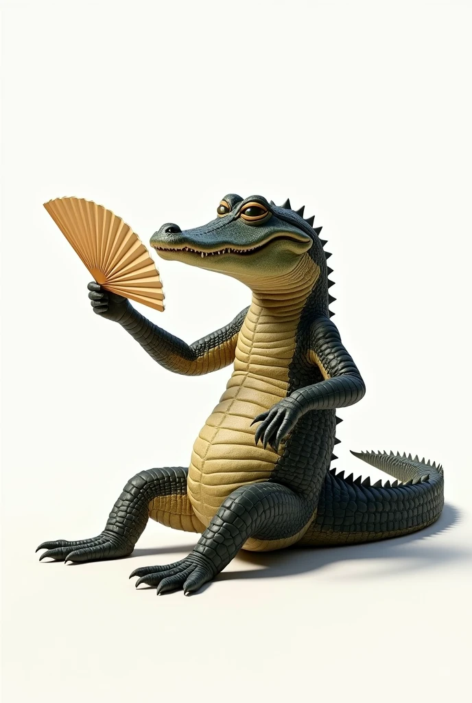 An alligator fanning itself with a fan on a white background