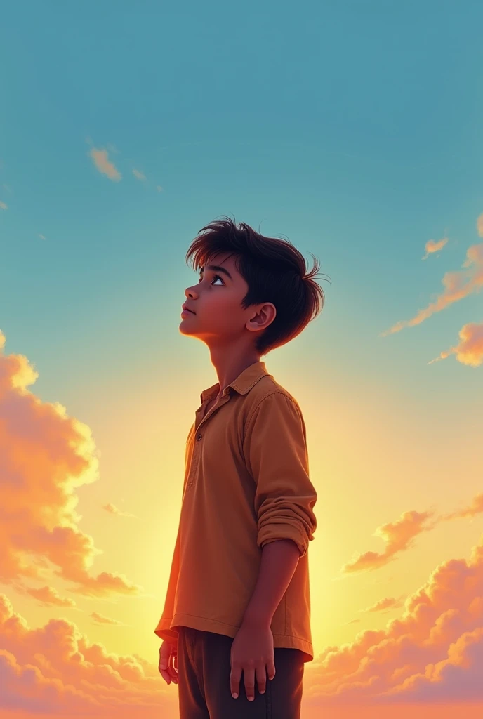 A bangladeshi boy full of hope with a blue background of sunrise on blue sky. The boy needs to cover one quarter of the page.