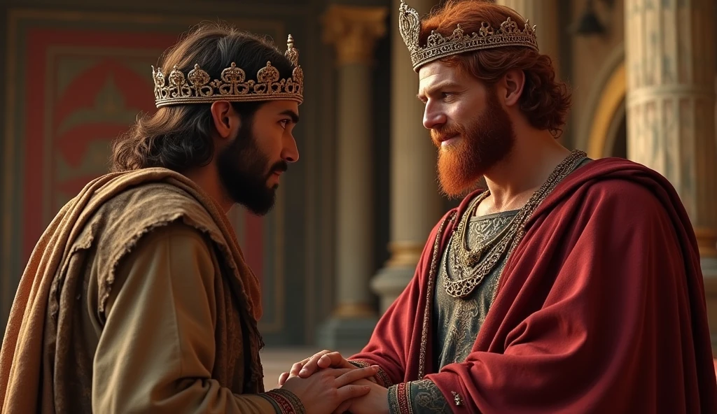 (best quality: 1.4), (Ultra Highres: 1.2), (photorealistic: 1.4), (8k, RAW photo: 1.2). The description of King David's physical appearance is not detailed in the biblical narrative, but her origin suggests that she probably had similar characteristics to other people in the region. He has good-looking red hair and a beard. Without historical-cultural context, the story of man with the appearance of a King, he wears a crown and king's clothes, is in a friendly meeting with a rustic-looking Samaritan man in his palace