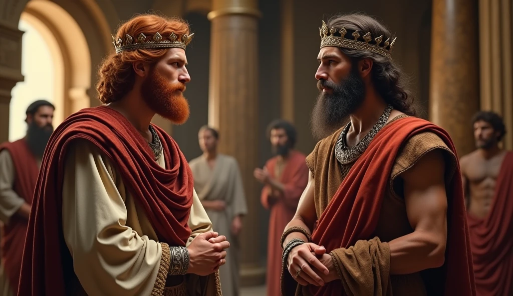 (best quality: 1.4), (Ultra Highres: 1.2), (photorealistic: 1.4), (8k, RAW photo: 1.2). The description of King David's physical appearance is not detailed in the biblical narrative, but her origin suggests that she probably had similar characteristics to other people in the region. He has good-looking red hair and a beard. Without historical-cultural context, the story of man with the appearance of a King, he wears a crown and king's clothes, is in a friendly meeting with a rustic-looking Samaritan man in his palace