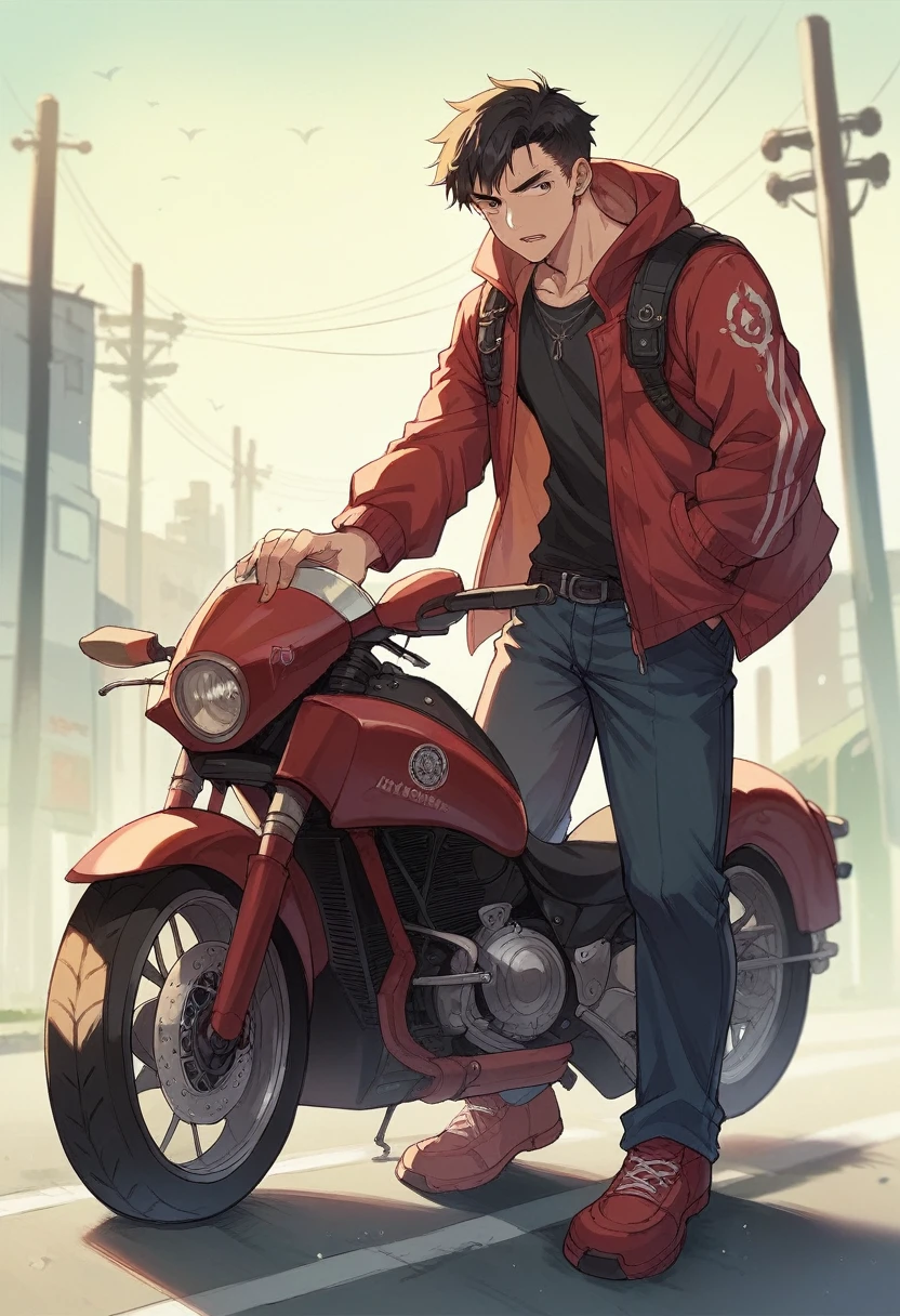 create Kaneda character from AKIRA in the style ov katsuro otomo rding the Akira red motorbike
