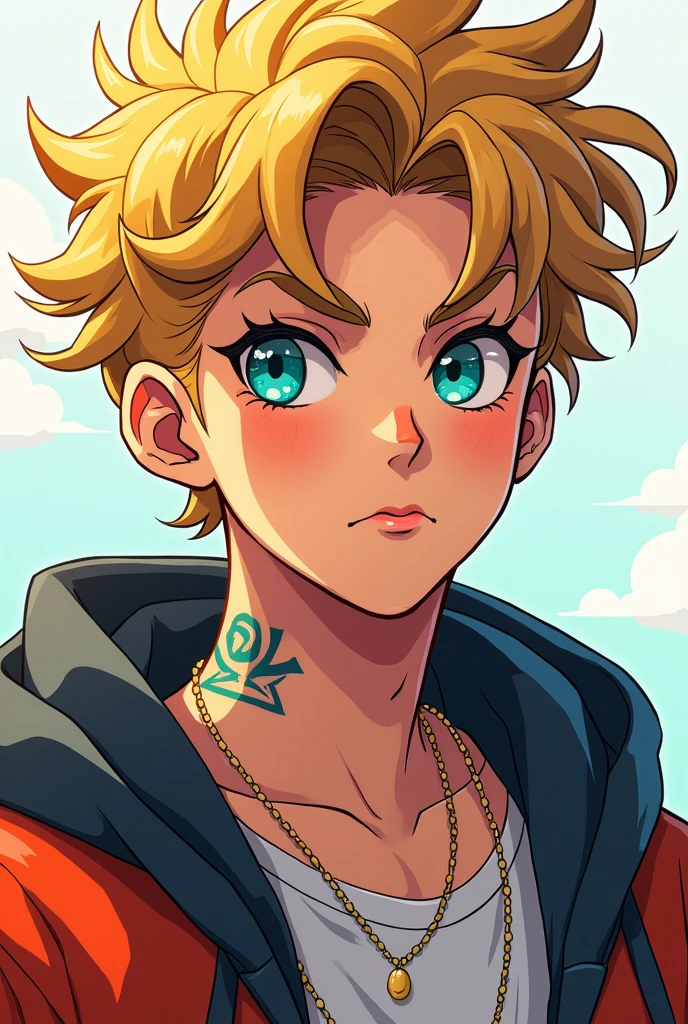 Chico, tall and with a tattoo, dark blonde curly hair, turquoise eyes, wears clothes from the 2000s. anime style.