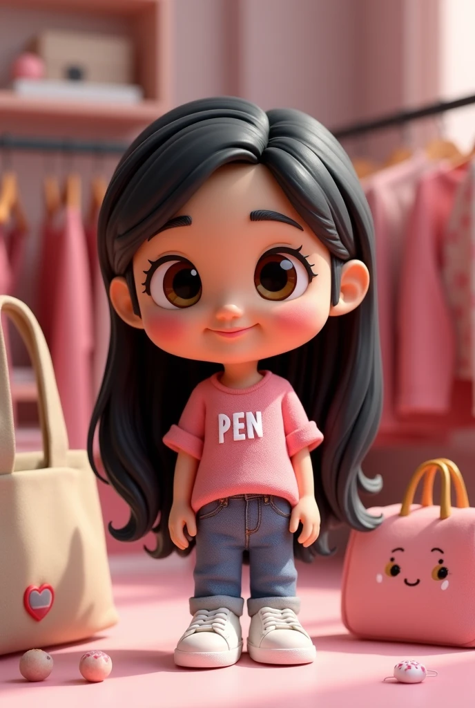 A FUNNY DISNEY PIXAR STYLE CHARACTER, 3d, BEIGE SKIN COLOR, really small, with black hair, LONG AND SMOOTH SIZE, eyes browns, COLOR JEANS, White sneakers, PINK BLOUSE WITH WRITING "PEN" THAT BLOUSE, medium body, WITH A HAPPY AND SMILING FACE, WITH ECOBAG STYLE FABRIC BAGS AND WOMEN'S CLOTHING RACK, WITH FEMININE AND PINK PIECES
