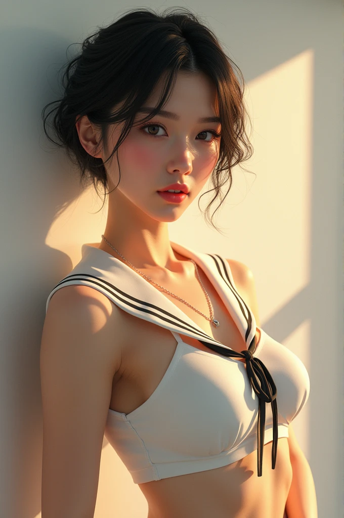 Highest quality,Very detailed,masterpiece,Realistic,8k,Realistic,(Please shine a light on my face、Bright lighting:1.4),one person's, Very beautiful girl, (cute:1.2),A faint smile, Big eyes、double (Very short black hair:1.4),Perfect glowing skin、Has a nose bridge、erotic,Sexy and sexually explicit Big Breasts Very large breasts Big Breasts 9.0 Obese 8.0 Wide hips Large waist Thick thighs Thick legs White Sailor Suit cuteスカート The skirt is short The thighs are exposed Big Breasts 小さいサイズ セーラー服 Accentuate your breasts underwear Panty shot