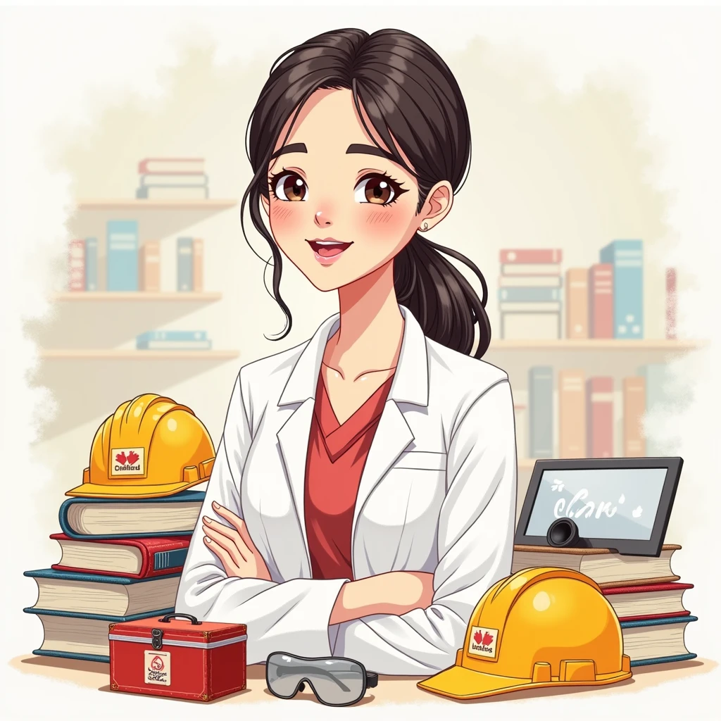 female psychologist from the private university of the north animated tender, let it be a drawing, with occupational health and safety theme with helmet and safety items