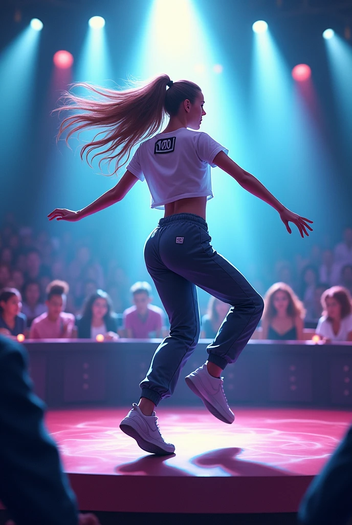 a woman wearing tshirt and sweat pant, long hair, dancing, number sticker on tshirt, on stage in bright white light, judges sitting at front