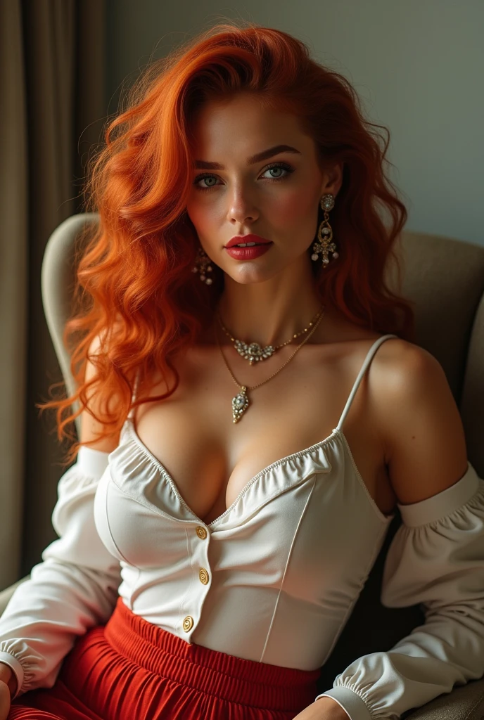 (Realistic photo of a beautiful woman, full body picture, 35 years old, grey eyes, full full lips, red hair, stylish skirt, long curly hair, curls, big boobs, tanned skin, jewellery, realistic, soft lighting, professional photography, photorealistic, detailed, RAW, sharp focus, ultra-high resolution, best quality, masterpiece, (best quality, high-resolution, ultra-detailed:1. 2), HDR, bright colours, sexy, earrings, chair