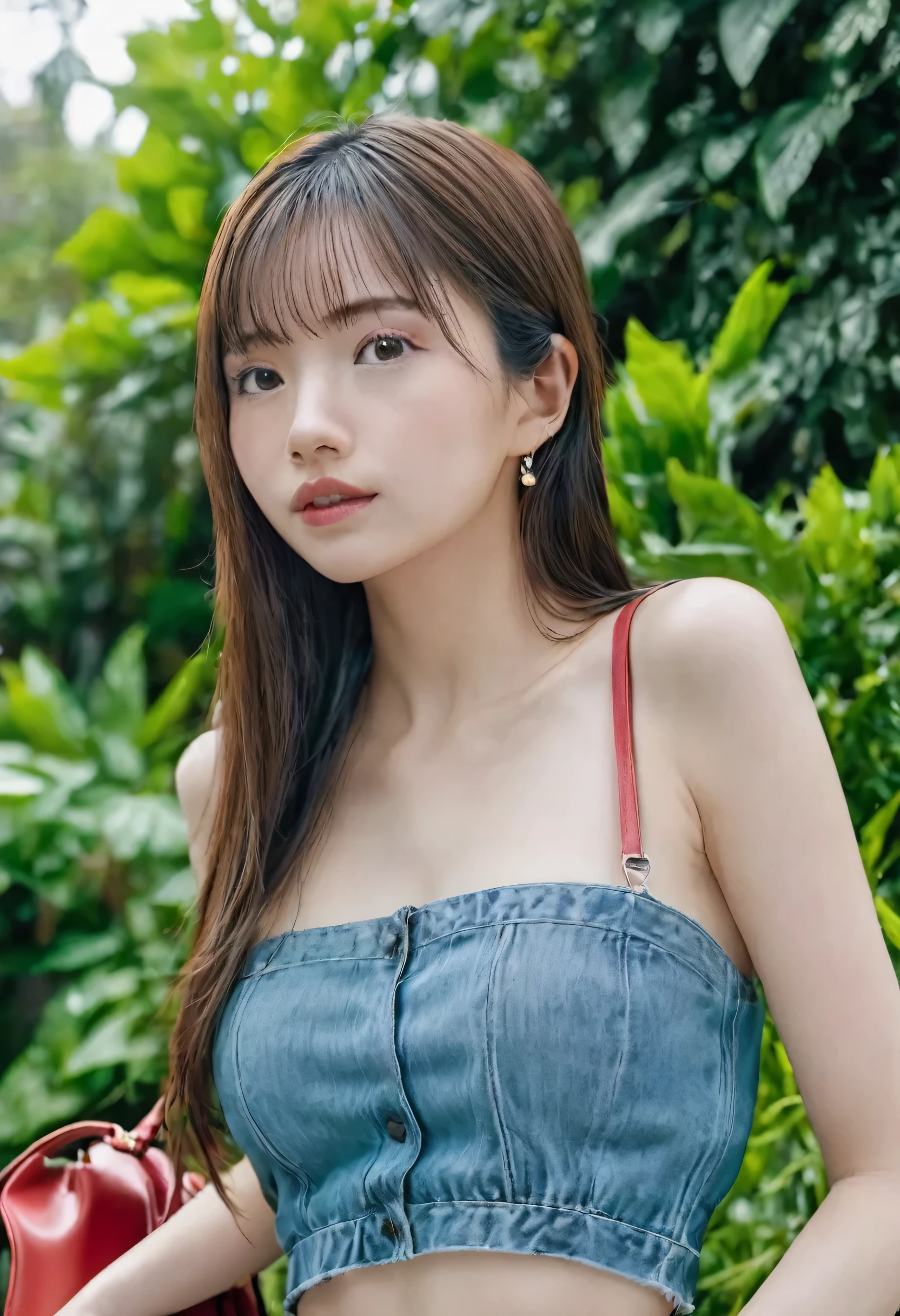 MIKI, Ultra Realistic, Candid Shot, 19yo Girl, black crop top and baggy light blue jeans,Sony Alpha a7 III taken Photography, using a wide aperture (f/2.8 or f/3.5),, posing outdoors in front of a lush green hedge. She is holding a red handbag The shot is captured from a slightly low angle, confident and relaxed pose. The camera is positioned at a mid-range distance, creating a balanced composition that includes both the subject and the background. The lighting is natural, with soft sunlight casting gentle shadows, highlighting her face and outfit without harsh contrasts.