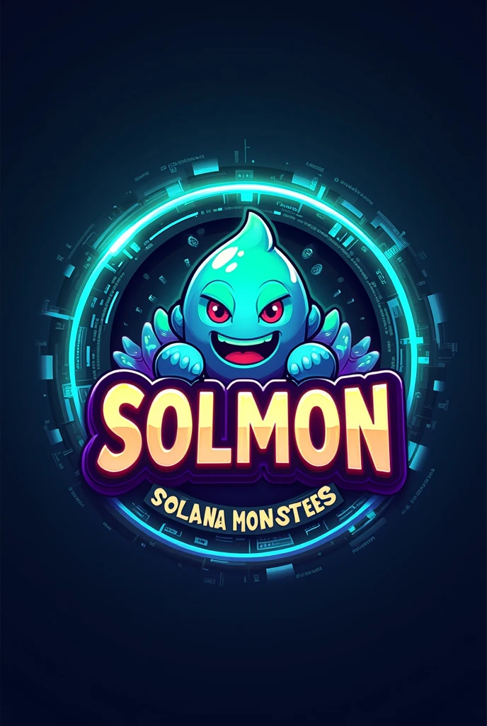 Design a circular logo for 'SOLMON - Solana Monsters' that blends a modern, playful aesthetic with a touch of fantasy. The logo should feature a central emblem, such as a stylized slime monster character that reflects the 'Solana' theme, using a vibrant color palette of blues, greens, and purples with glowing accents. Surround the emblem with a circular border that incorporates subtle textures or gradients reminiscent of digital elements.
The text 'SOLMON' should be prominently displayed within the circular design, using bold, rounded typography that feels both friendly and adventurous. Integrate elements like small digital sparks, stars, or waves around the text and emblem to give the logo an otherworldly, magical vibe. Ensure the overall design is clean, balanced, and visually striking, making it easily recognizable and suitable for branding purposes.