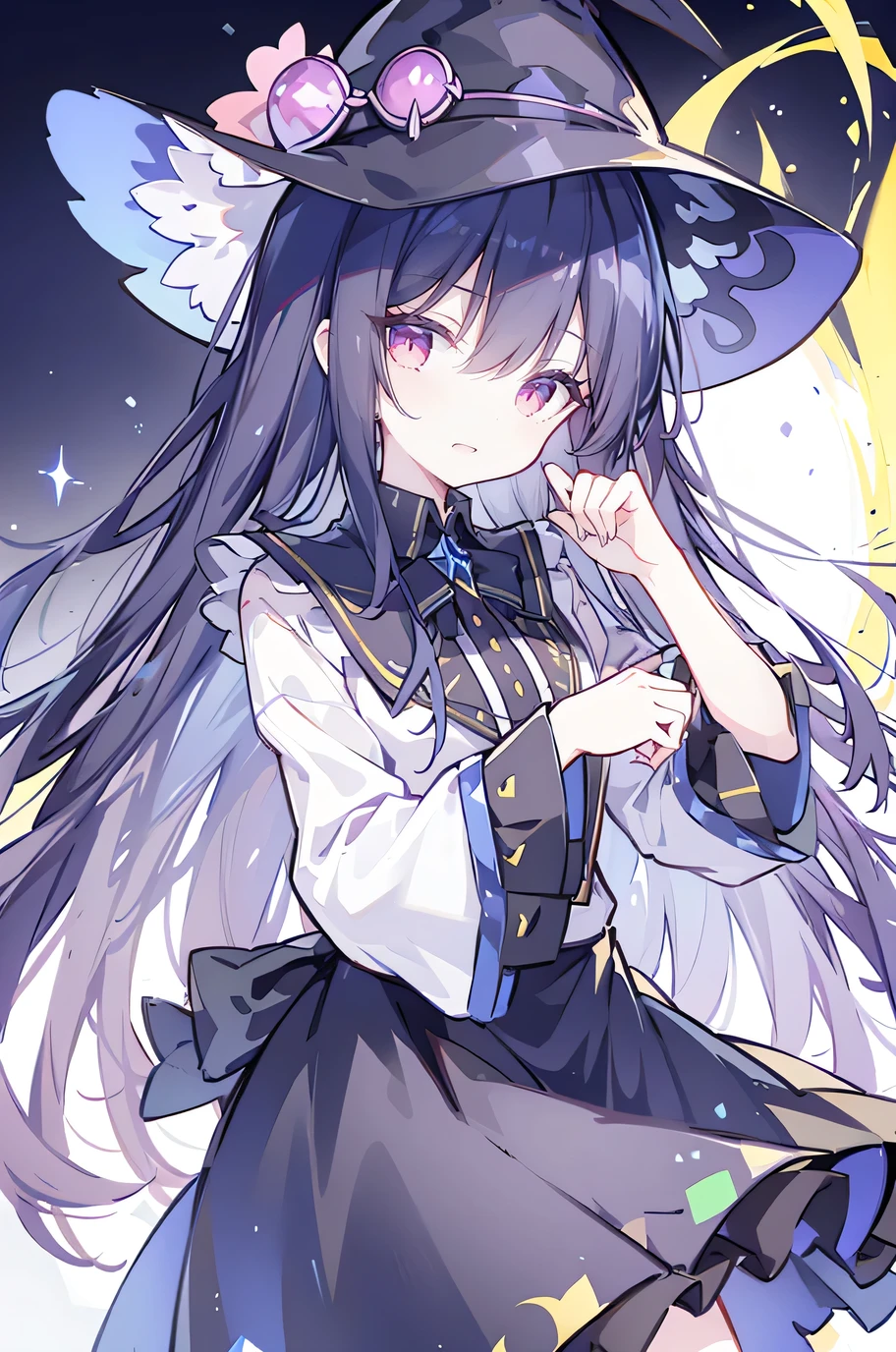 oung Girls,Humanity,A magician always smiles,big witch hat,cute,dark blue long hair,The eyes are dull,The bangs are heavy,Thin eyebrows,fantasy,intake,Double teeth,Star Theme,Constellation pattern,Solid color clothetal decoration,cloak,A bit of a dark atmosphere,A little crazy smile,When the big moon shines outside at night,blood,Hair black star embellishment,Short tie,No nails,High waist skirt,Bell sleeves,Long-sleeved shirt,Black tie,low risk,gentlemen。Mist、Yellow and white effect,Shocking pink as an accent color