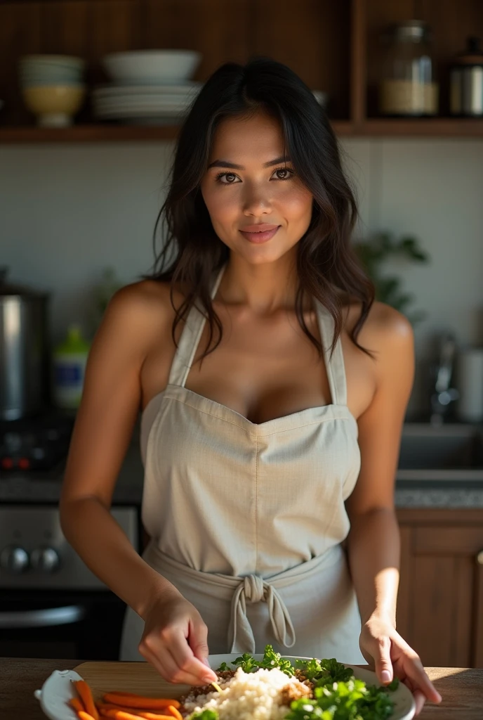 a beautiful Indonesian woman, slightly chubby, only wearing an apron without shirt, is cooking in the kitchen. The kitchen atmosphere is a background detail. look at the viewer, natural light, realistic photography, wide angle shot.