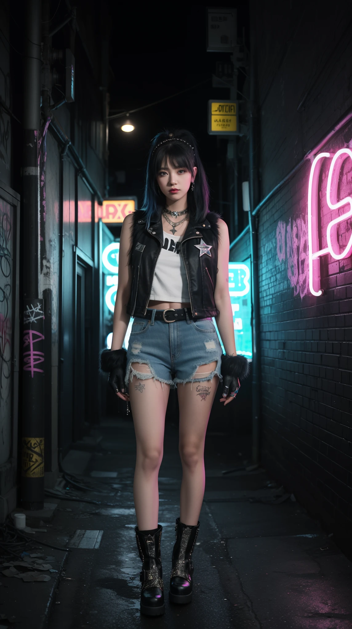 A girl posing in a grungy, neon-lit urban alleyway. Black emo half hair, The girls wear edgy streetwear, jeans denim skirt, fur boots, glitter star hairclip, aesthetic top Y2K, vest, pearls and stars belt, half finger gloves, The alleyway is dark and atmospheric, with graffiti-covered walls and glowing neon signs, grungy aesthetic, high angle, night