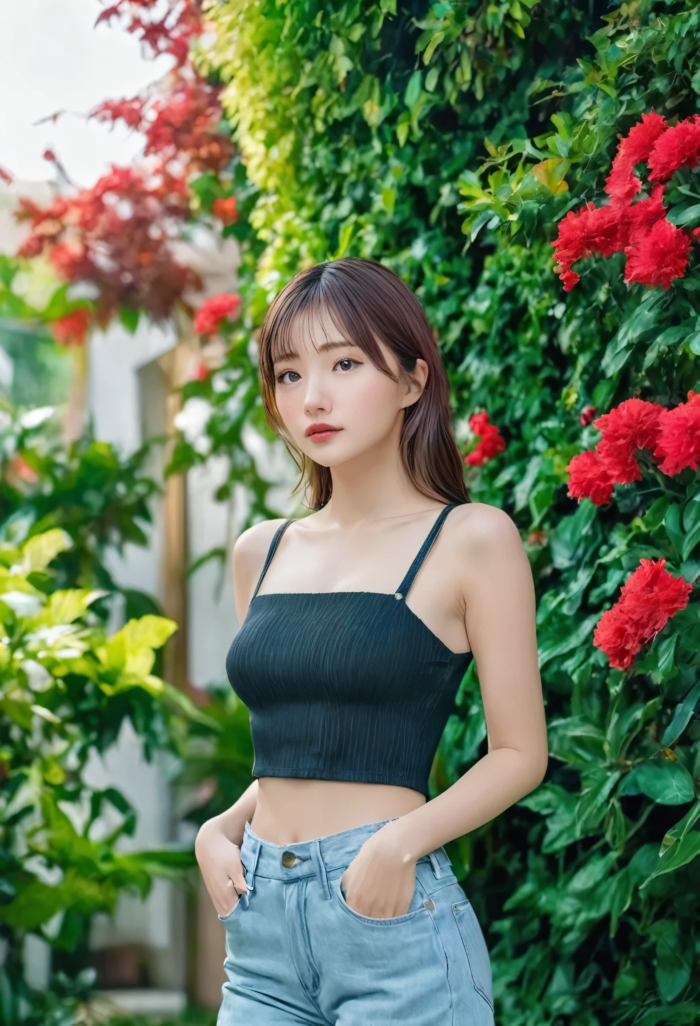 MIKI, Ultra Realistic, Candid Shot, 19yo Girl, black crop top and baggy light blue jeans,Sony Alpha a7 III taken Photography, using a wide aperture (f/2.8 or f/3.5),, posing outdoors in front of a lush green hedge. She is holding a red handbag The shot is captured from a slightly low angle, confident and relaxed pose. The camera is positioned at a mid-range distance, creating a balanced composition that includes both the subject and the background. The lighting is natural, with soft sunlight casting gentle shadows, highlighting her face and outfit without harsh contrasts.