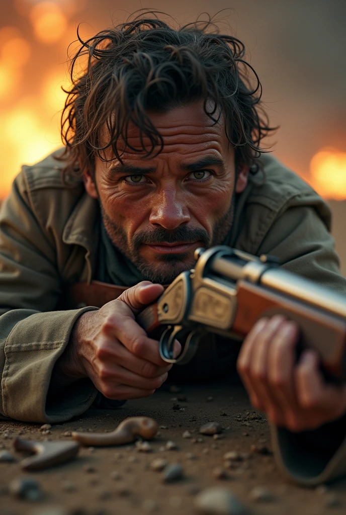 ((( masterpiece ))), (((Highest quality))), ((Very detailed)), (photograph), ((Very Rough and ugly)), High resolution, One dirty-face French soldier man, Age 35, laying on the ground, holding an ancient rifle. Aiming to a target out of the frame. front POV (Detailed eyes), (Detailed facial features), (Detailed Weapons), (Detailed fingers), (Leg details), (Eyes visible through hair), ((Drunk Eyes)), (Embarrassing :1.2), (Toothless smile), (((Fuller lips))), (Desert Scene), (Upper Body), Colonial beige coat, ((Dim Light)), ((Film Grain)), ((Single-lens reflex camera)), ((35mm lens focal length)). 

Cinematic lights. Masterpiece, best quality, 8K, photo realistic, wallpaper, wallpaper 8k, photographic contest winner, Hyperrealistic art cinematic film still photography in the style of detailed hyperrealism photoshoot. [Entire scene is surrounded by lights, evoking a magical and eerie atmosphere. The lighting is bright and atmospheric, with smoke adding a touch of sinister ambiance. Best quality image, HDR enhancement, showcasing the utmost level of detail and realism]. [8K, Best Quality, Ultra High Resolution, (highly detailed CG unity 8k wallpaper), (best photo), (best shadows), isometric 3D, octane rendering, ray tracing, highly detailed, (Best quality, 4K, 8k:1.2), absurdity, ultra detailed, (realistic, photorealistic, photorealistic:1.37), complex parts, HDR, (complex parts:1.12), (hyper detailed, hyper realistic, Soft lighting, spicy:1.2), (complex parts, Hyper detailed:1.15). Blurred foreground. (backlit), masterpiece, high quality, brightness, chromatic aberration, foggy smoke, shadows, contrast, clear sky, (warm hue, warm tone), high details, natural reflections].