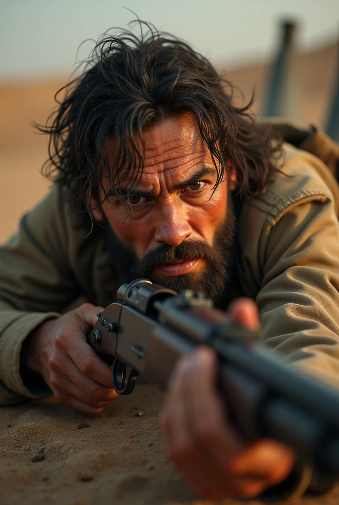 ((( masterpiece ))), (((Highest quality))), ((Very detailed)), (photograph), ((Very Rough and ugly)), High resolution, One dirty-face French soldier man, Age 35, laying on the ground, holding an ancient rifle. Aiming to a target out of the frame. front POV (Detailed eyes), (Detailed facial features), (Detailed Weapons), (Detailed fingers), (Leg details), (Eyes visible through hair), ((Drunk Eyes)), (Embarrassing :1.2), (Toothless smile), (((Fuller lips))), (Desert Scene), (Upper Body), Colonial beige coat, ((Dim Light)), ((Film Grain)), ((Single-lens reflex camera)), ((35mm lens focal length)). 

Cinematic lights. Masterpiece, best quality, 8K, photo realistic, wallpaper, wallpaper 8k, photographic contest winner, Hyperrealistic art cinematic film still photography in the style of detailed hyperrealism photoshoot. [Entire scene is surrounded by lights, evoking a magical and eerie atmosphere. The lighting is bright and atmospheric, with smoke adding a touch of sinister ambiance. Best quality image, HDR enhancement, showcasing the utmost level of detail and realism]. [8K, Best Quality, Ultra High Resolution, (highly detailed CG unity 8k wallpaper), (best photo), (best shadows), isometric 3D, octane rendering, ray tracing, highly detailed, (Best quality, 4K, 8k:1.2), absurdity, ultra detailed, (realistic, photorealistic, photorealistic:1.37), complex parts, HDR, (complex parts:1.12), (hyper detailed, hyper realistic, Soft lighting, spicy:1.2), (complex parts, Hyper detailed:1.15). Blurred foreground. (backlit), masterpiece, high quality, brightness, chromatic aberration, foggy smoke, shadows, contrast, clear sky, (warm hue, warm tone), high details, natural reflections].