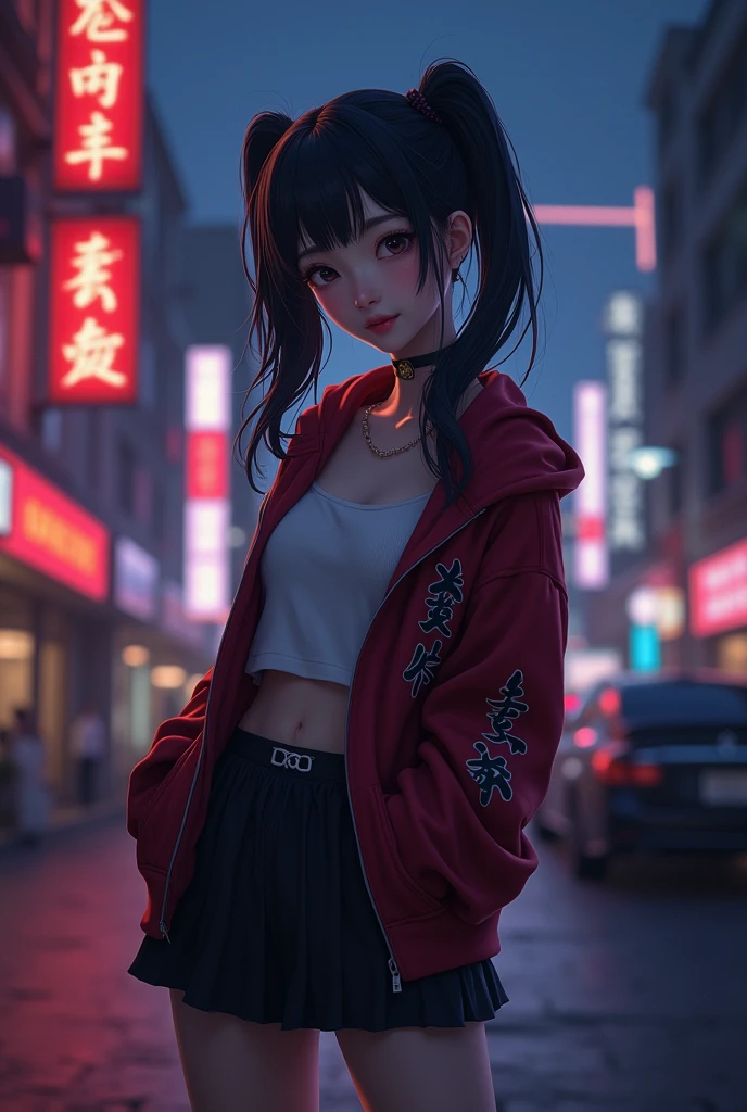 masterpiece, best quality, HuTaoV4, 1girl, solo, blush, twintails, long hair, hair between eyes, ((streetwear clothes)), city, outdoors, night, movie poster, extremely detailed 8K, smooth, high resolution, ultra quality, cinematic lighting, ambient occlusion, hd, 2k, 4k, 8k, 16k, extremely detailed anime, detailed faces, perfect composition, wide shot, atmospheric lighting, very ????, lift skirt, random low back angle, uncensored, ????, sin censura