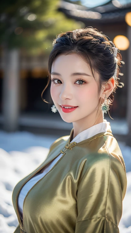 (1 girl, youthful gorgeous Lady,  brown_eyes, brown_hair, cross_earrings, earrings, jewellery, Ancient China, Traditional Hanfu, Silk Hanfu, Hanfu, natural pose in a snowy night,  

Detailed Beautiful face, Detailed Facial Features, beautiful eyes, dimples, snaggle-tooth, Kind smile, Red lips, short hair, bob hair, cute ponytail, extremely detailed eyes,  extremely detailed face, beautiful detailed lips, long eyelashes, arms close together, ears out, golden ratio face, golden ratio body, perfect body anatomy, huge breasts, big breasts, 

(SNOW:1.3),
Night outdoors,  snow flakes, snow, winter,
(best quality, 4K, 8k, highres, masterpiece:1.2), ultra-detailed, (realistic, photorealistic, photo-realistic:1.37), HDR, UHD, sun light, ultra-fine painting, sharp focus, physically-based rendering, extreme detail description,  professional, vivid colors, award-winning, bokeh, cowboy_shot, SFW, Safe for Work)