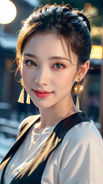 (1 girl, youthful gorgeous Lady, brown_eyes, brown_hair, cross_earrings, earrings, jewellery, Ancient China, Traditional Hanfu, Silk Hanfu, Hanfu, natural pose in a snowy ht,
Detailed Beautiful face, Detailed Facatures, beautiful eyes, dimples, snaggle-tooth, Kind smile, Red lips, short hair, bob hair, cute ponytail, extremely detailed eyes, extremely detailed face, beautiful detailed lips, long eyelashes, arms close together, ears out, golden ratio face, golden ratio body, perfect body anatomy, huge breasts, asts,
(Night outdoors, snow flakesnow, winter,
(best quality, 4K, 8k, highres, masterpiece:1.2), ultra-detailed, (realistic, photorealistic, photo-realistic:1.37), HDR, UHD, sun light, ultra-fine painting, sharp focus, physically-based rendering, extreme detail description, professional, vivid colors, award-winning, bokeh, cowboy_shot, SFW, Safe for Work)
