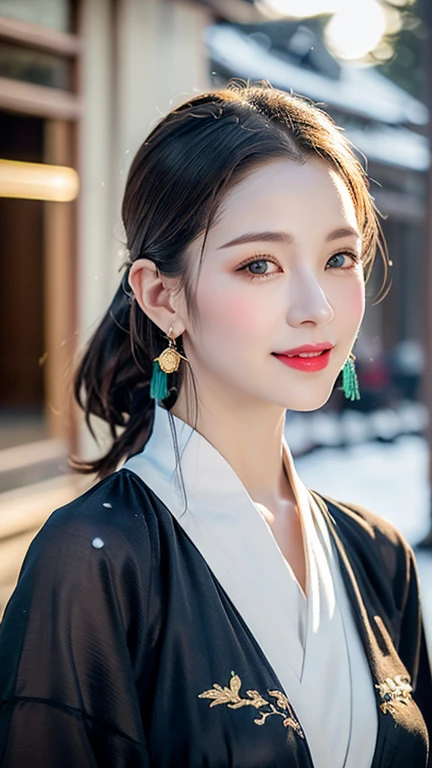 (1 girl, youthful gorgeous Lady, brown_eyes, brown_hair, cross_earrings, earrings, jewellery, Ancient China, Traditional Hanfu, Silk Hanfu, Hanfu, natural pose in a snowy night,
Detailed Beautiful face, Detailed Facial Features, beautiful eyes, dimples, snaggle-tooth, Kind smile, Red lips, short hair, bob hair, cute ponytail, extremely detailed eyes, extremely detailed face, beautiful detailed lips, long eyelashes, arms close together, ears out, golden ratio face, golden ratio body, perfect ????????????, huge breasts, big breasts,
(SNOW:1.3),
Night outdoors, snow flakes, snow, winter,
(best quality, 4K, 8k, highres, masterpiece:1.2), ultra-detailed, (realistic, photorealistic, photo-realistic:1.37), HDR, UHD, sun light, ultra-fine painting, sharp focus, physically-based rendering, extreme detail description, professional, vivid colors, award-winning, bokeh, cowboy_shot, SFW, Safe for Work)