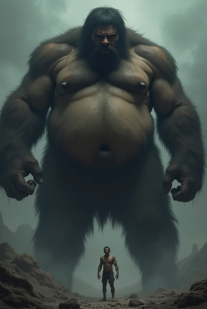 Image of a giant man, fat and hairy with one leg raised and about to step on a scared little adult man