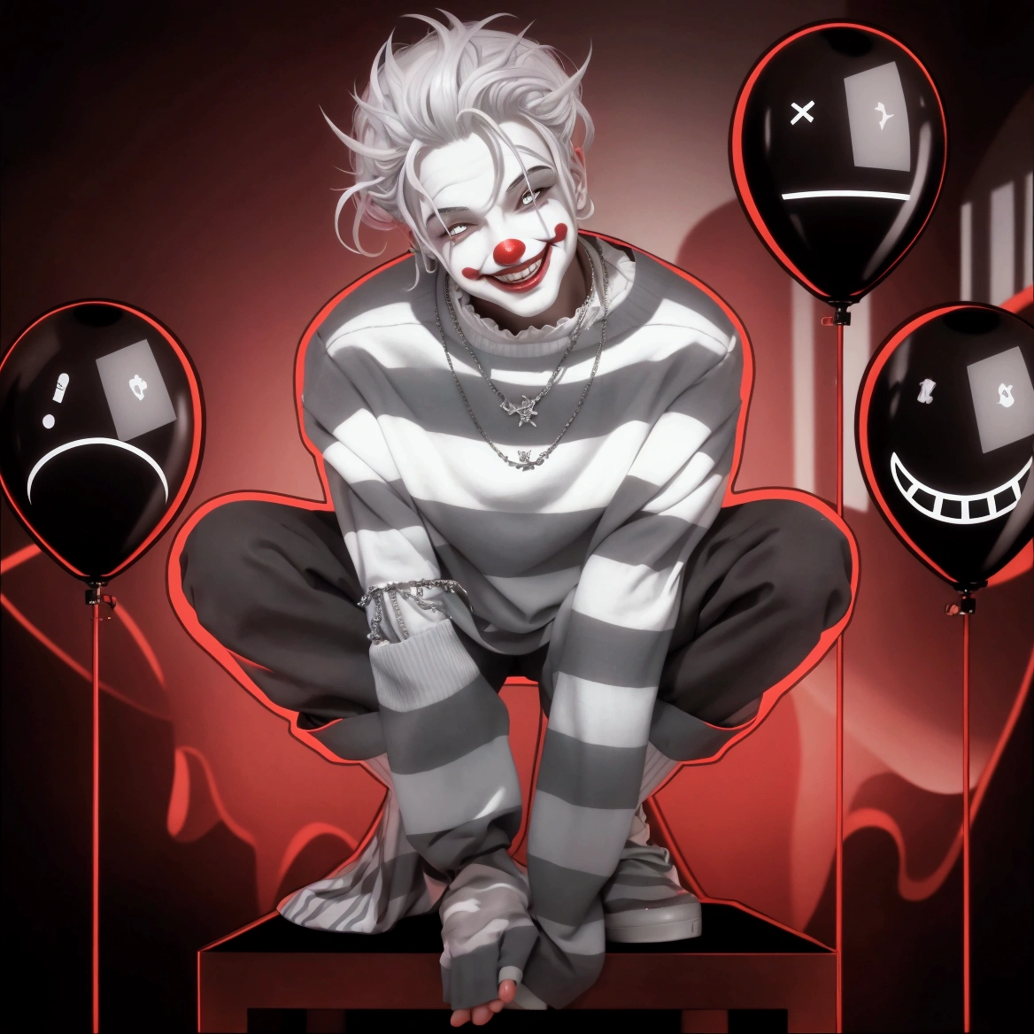 young clown with white hair and grey and white striped shirt sitting on a platform,Grinning wickedly