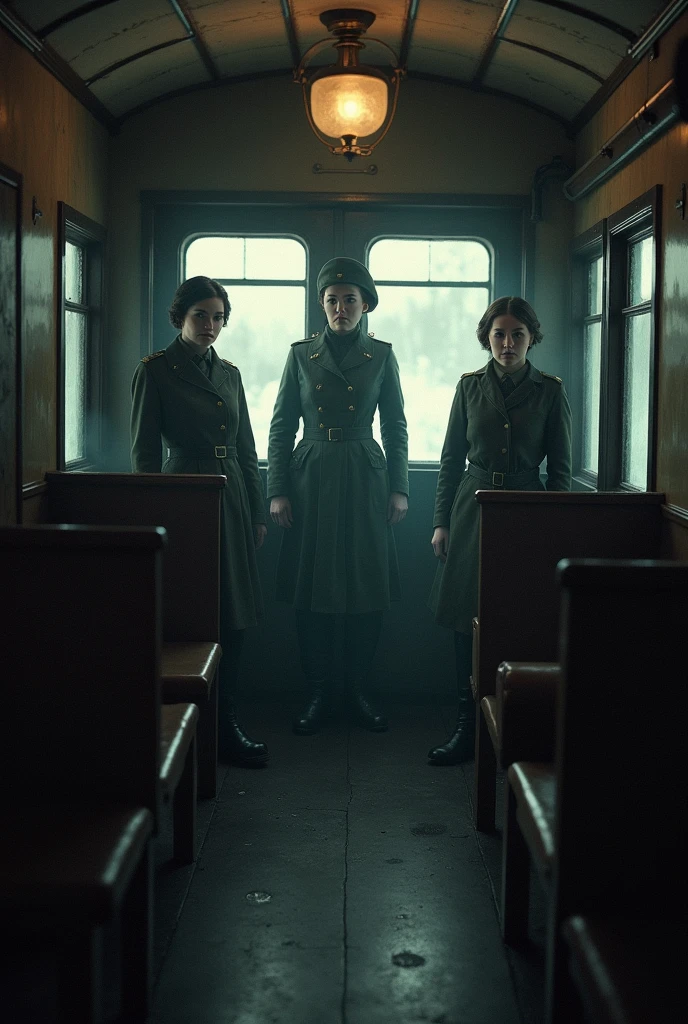 masterpiece, best quality,Soviet female soldiers，Steam locomotive interior，，World War II，TRAIN STATION，About to travel，dimly lit scene，Dim Lights，Snow outside the window