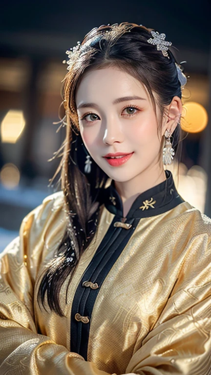 (1 girl, youthful gorgeous Lady, brown_eyes, brown_hair, cross_earrings, earrings, jewellery, Ancient China, Traditional Hanfu, Silk Hanfu, Hanfu, natural pose in a snowy night,
Detailed Beautiful face, Detailed Facial Features, beautiful eyes, dimples, snaggle-tooth, Kind smile, Red lips, short hair, bob hair, cute ponytail, extremely detailed eyes, extremely detailed face, beautiful detailed lips, long eyelashes, arms close together, ears out, golden ratio face, golden ratio body, perfect body anatomy, huge breasts, big breasts,
(SNOW:1.3),
Night outdoors, snow flakes, snow, winter,
(best quality, 4K, 8k, highres, masterpiece:1.2), ultra-detailed, (realistic, photorealistic, photo-realistic:1.37), HDR, UHD, sun light, ultra-fine painting, sharp focus, physically-based rendering, extreme detail description, professional, vivid colors, award-winning, bokeh, cowboy_shot, SFW, Safe for Work)