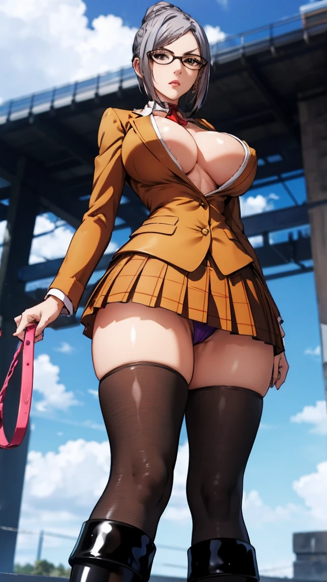 3d girl, ((meiko)), very short and tight , tiny mini skirt, purple panties, giant breasts, open neckline, brown uniform, sensual body, PROVOCATIVE POSE, erotic attitude, Black knee high boots Black thigh high stockings, white, tied hair, Glasses, beautiful aggressive face, wide hips and thick thighs, giant round breasts, VERY TIGHT CLOTHING, Whip in hand and dominant attitude, (view from below)