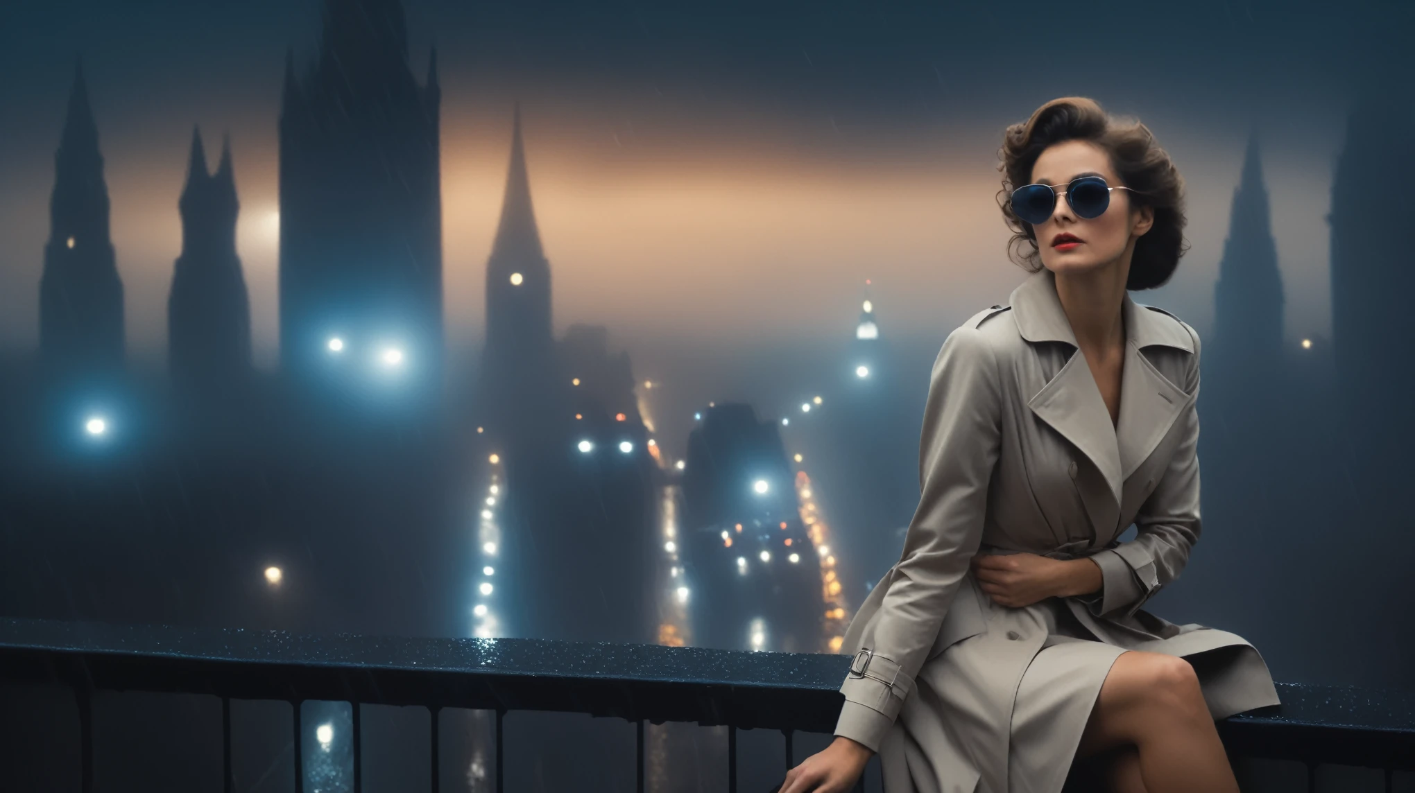 (Hyper-realistic photograph:1.4), Captivating scene under the rain at night on a rooftop, year 1937 cars on street, flying cars, a sexy slim woman, large breast cleavage, with short brown hair, three-quarters view, Black trench coat, (black sunglasses, holding a short gun), with a dark rainy city landscape in background, blue eyes, photography style, (half-body shot:1.3), (contemplative expression:1.2),(well-lit:1.2) Extremely Realistic, serendipity art, (sharp focus:1.3), intricate details, highly detailed, by God himself, original shot, masterpiece, detailed and intricate, Movie Still, guttojugg1