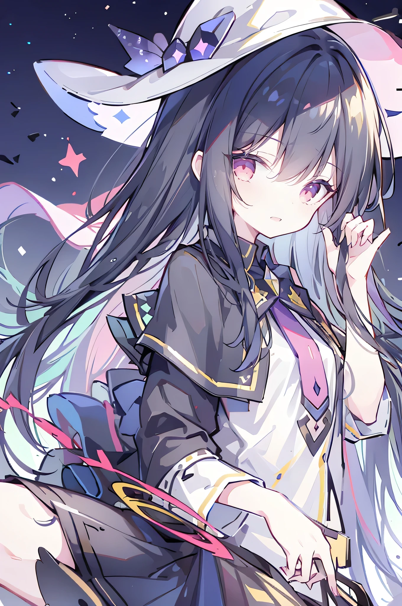 oung Girls,Humanity,A magician always smiles,big witch hat,cute,dark blue long hair,The eyes are dull,The bangs are heavy,Thin eyebrows,fantasy,intake,Double teeth,Star Theme,Constellation pattern,Solid color clothetal decoration,cloak,A bit of a dark atmosphere,A little crazy smile,When the big moon shines outside at night,blood,Hair black star embellishment,Short tie,No nails,High waist skirt,Bell sleeves,Long-sleeved shirt,Black tie,low risk,gentlemen。Mist、Yellow and white effect，Shocking pink as an accent color