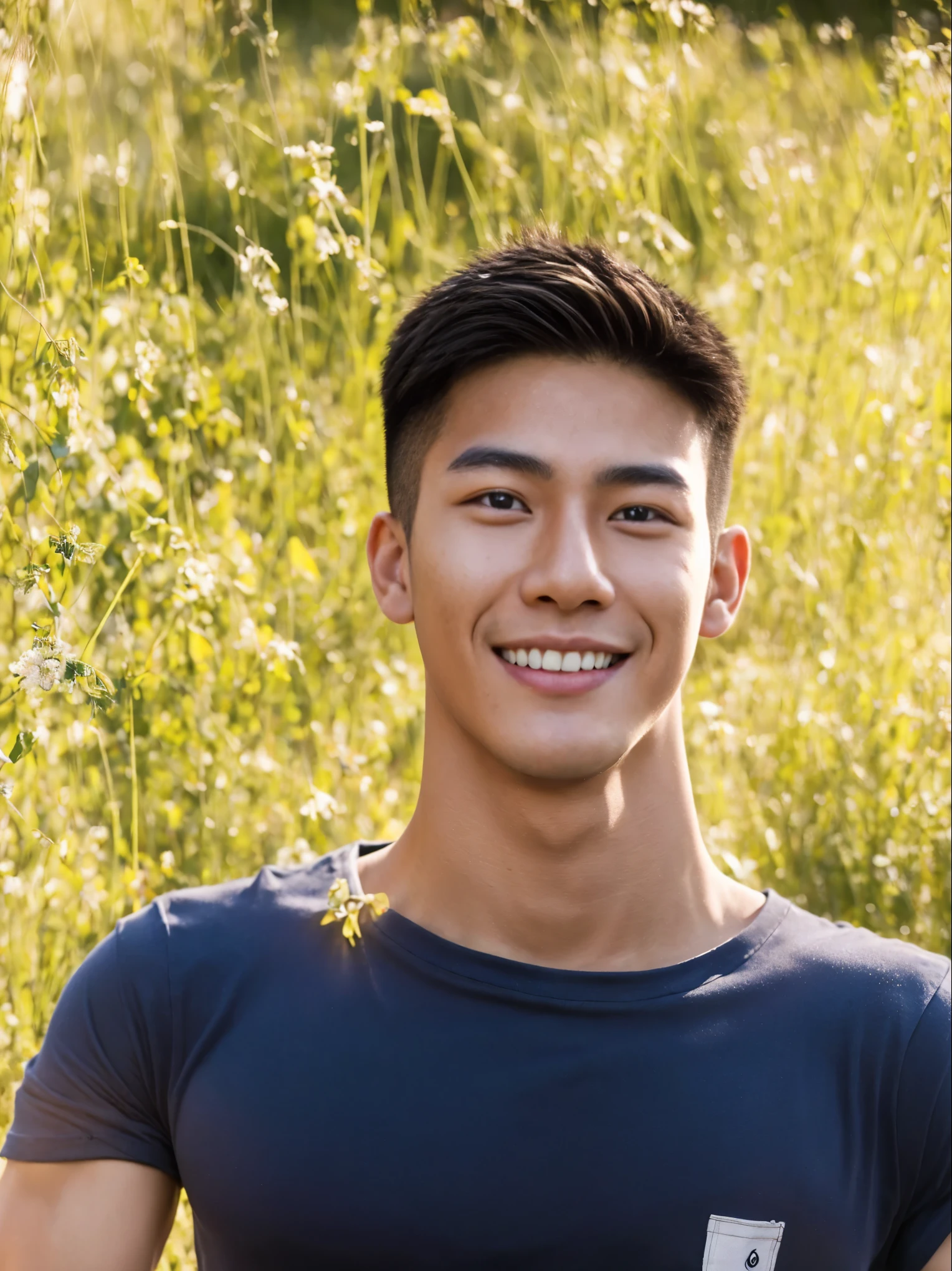 Asian Male, about 25 years old, smile, sharp focus, detailed face, detailed eyes, half body, summer, shirtless, wonderful, camping, view from front