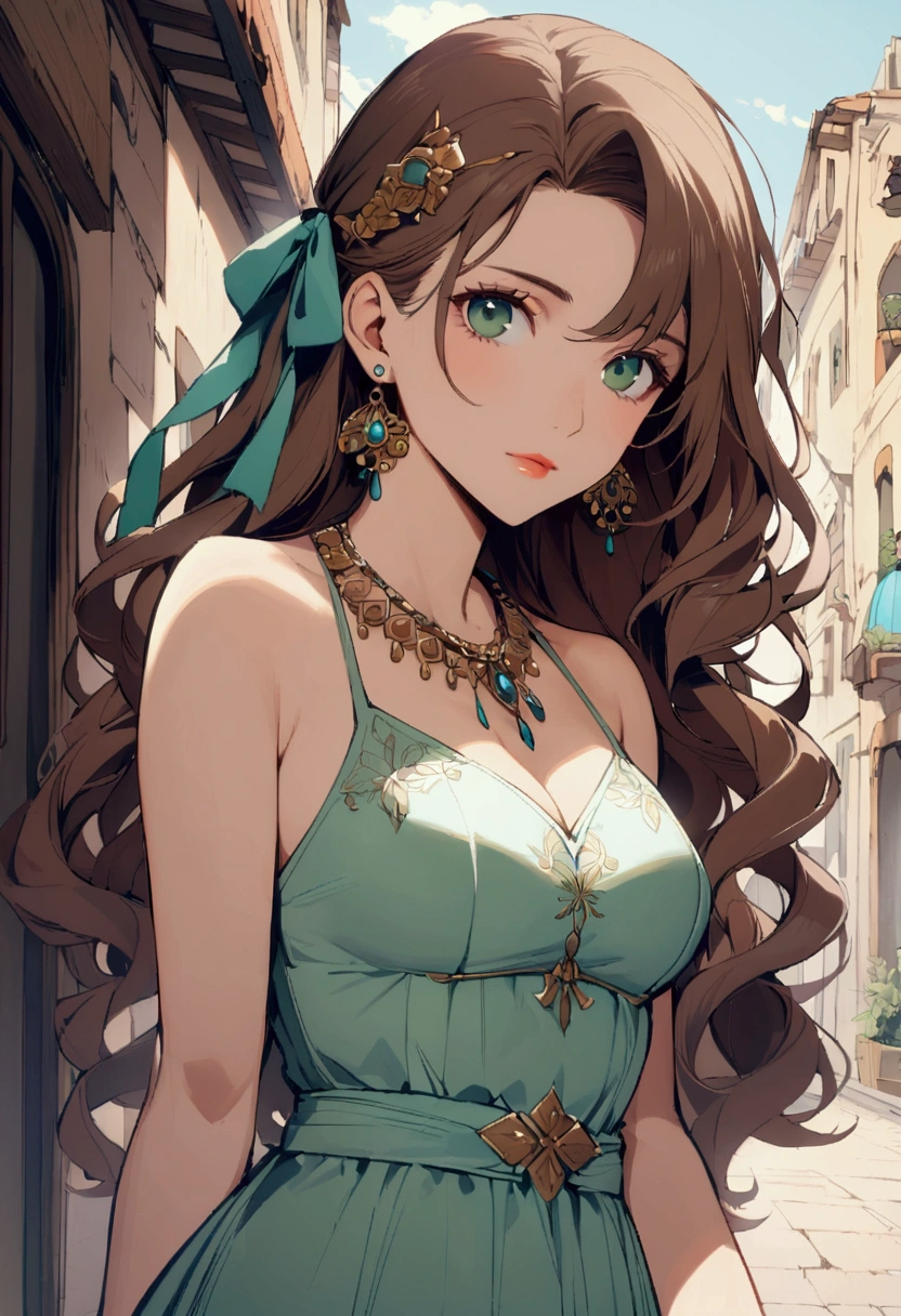 slender, mature female,1girl, rating:safe, jewelry, solo, long_hair, dress, brown_hair, necklace, earrings, green_eyes, breasts, bare_shoulders, sleeveless, outdoors, looking_at_viewer, wavy_hair, closed_mouth, hair_ornament, sleeveless_dress,day, standing, small_breasts, medium_breasts, hair_ribbon, cowboy_shot, blue_eyes